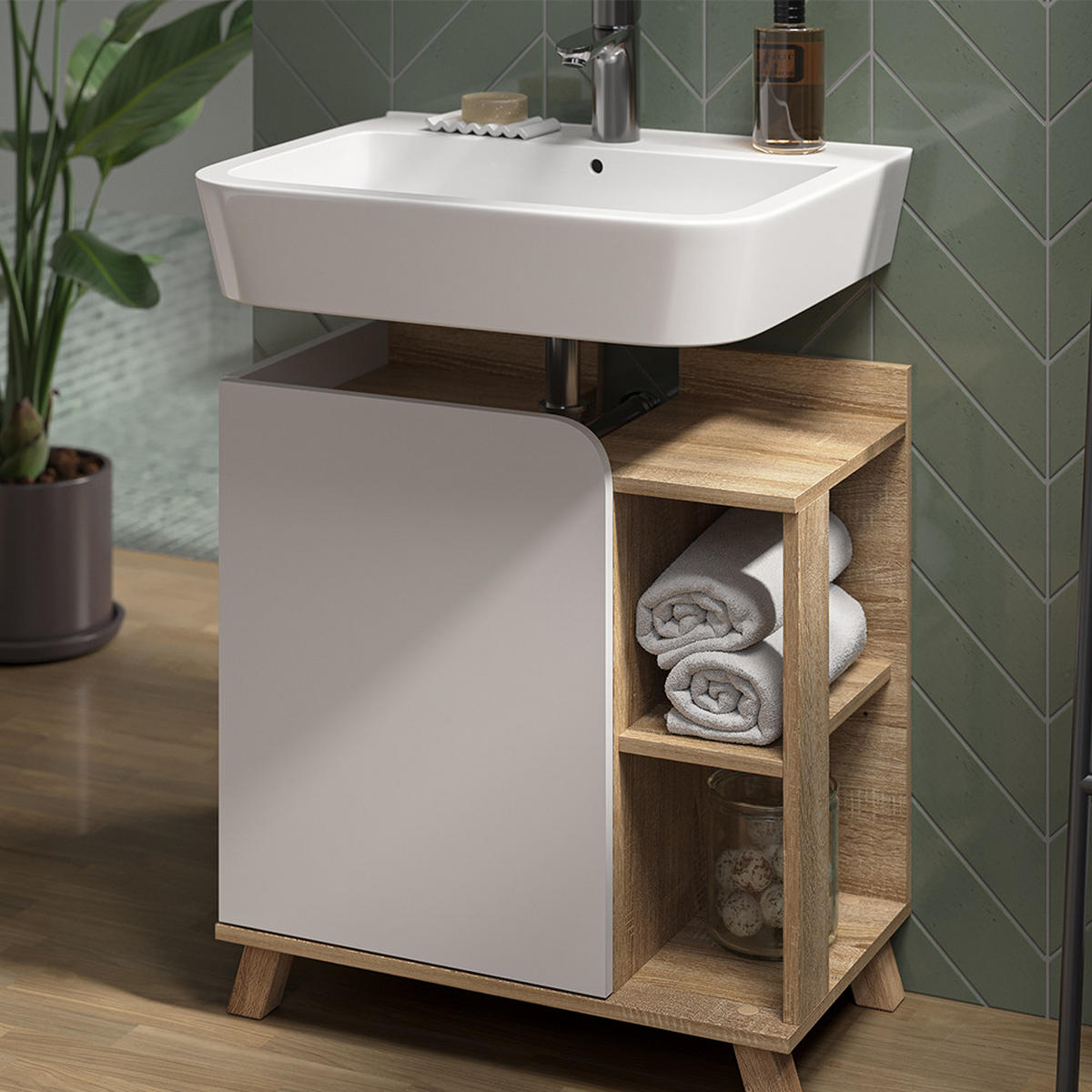 BADMÖBEL-SET Karen Sonoma/Weiß 2 Teile - Weiß/Sonoma Eiche, Holzwerkstoff (60/65/35cm) - Vicco