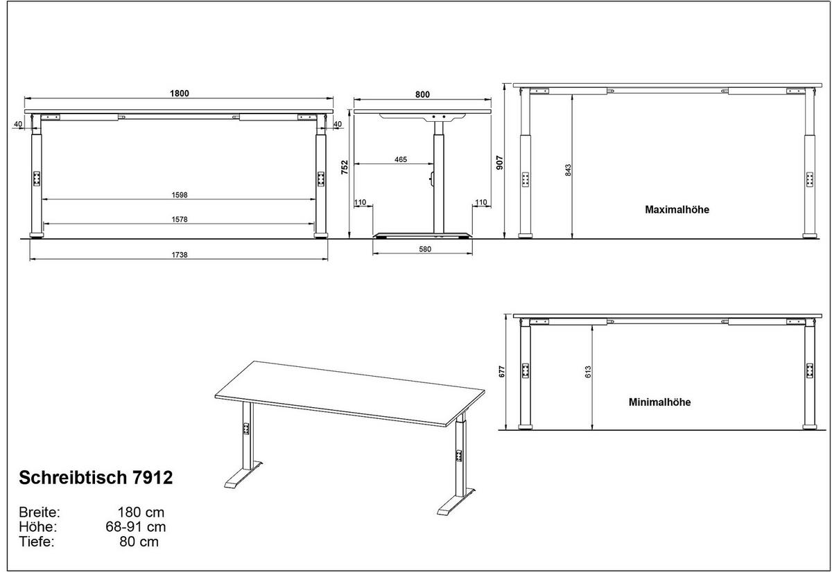 SCHREIBTISCH höheneinstellbar "Stuttgart" 68-91cm Graphit 180x80cm, C-Fuß - Schwarz, Holzwerkstoff/Metall (80/180/91cm) - KADIMA DESIGN