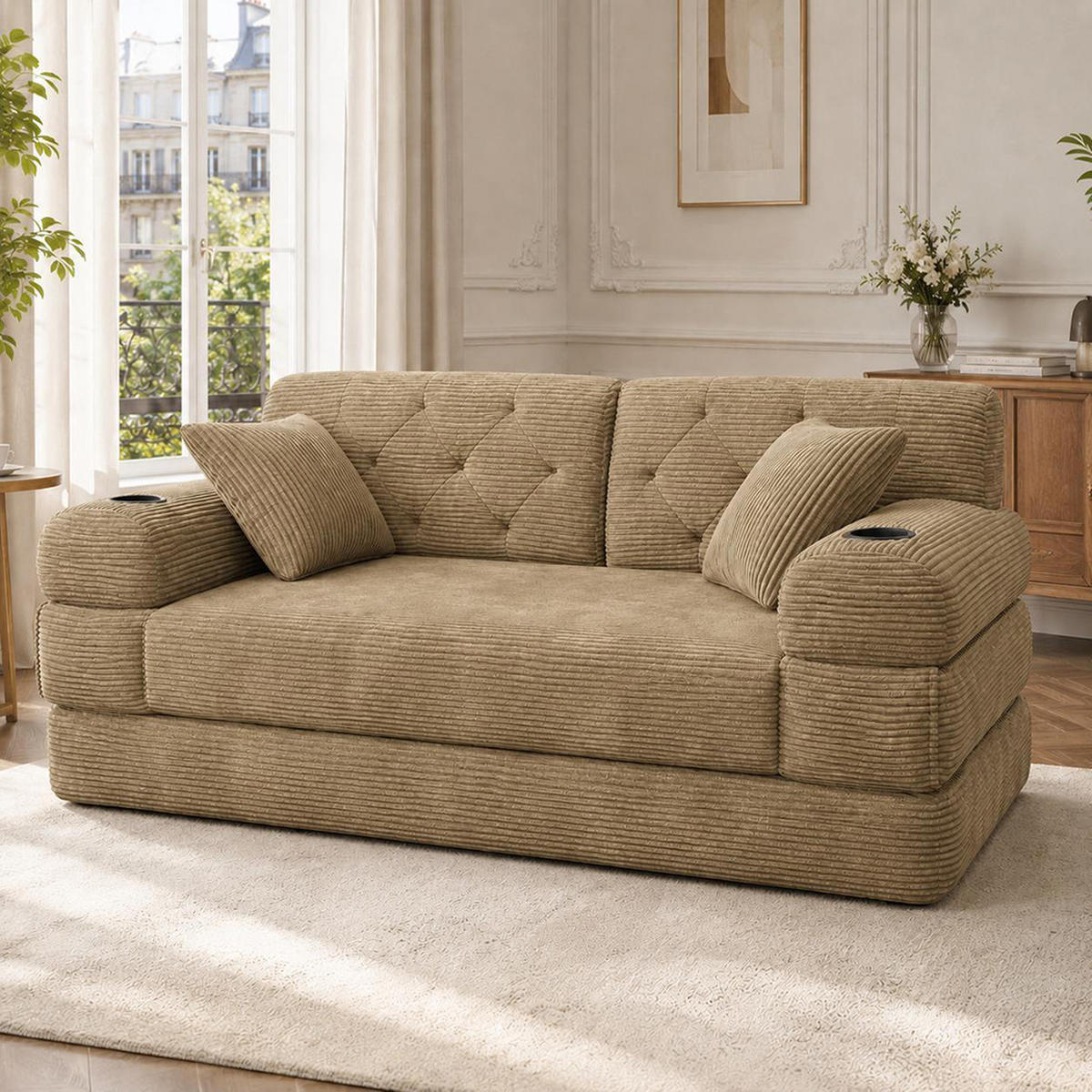 2-SITZER-SOFA – Cord, Metallrahmen, Becherhalter, kompakt, Khaki - Cappuccino, Textil (80/81/168cm) - KOMHTOM