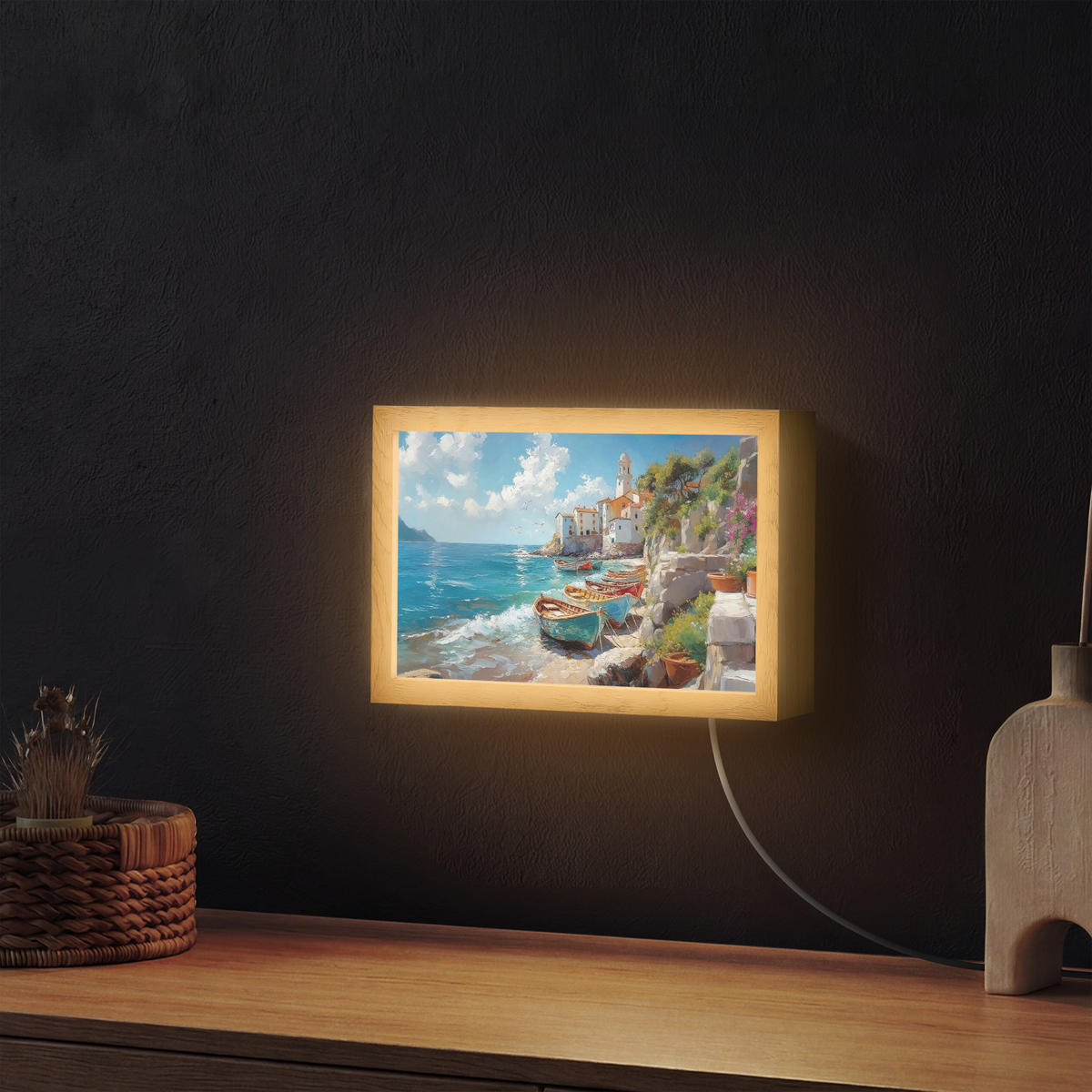 NÁSTĚNNÁ LAMPA Lodě - skály - moře - slunce 30x20 cm - modrá, kompozitní dřevo (30/20/8cm) - OnlyWow
