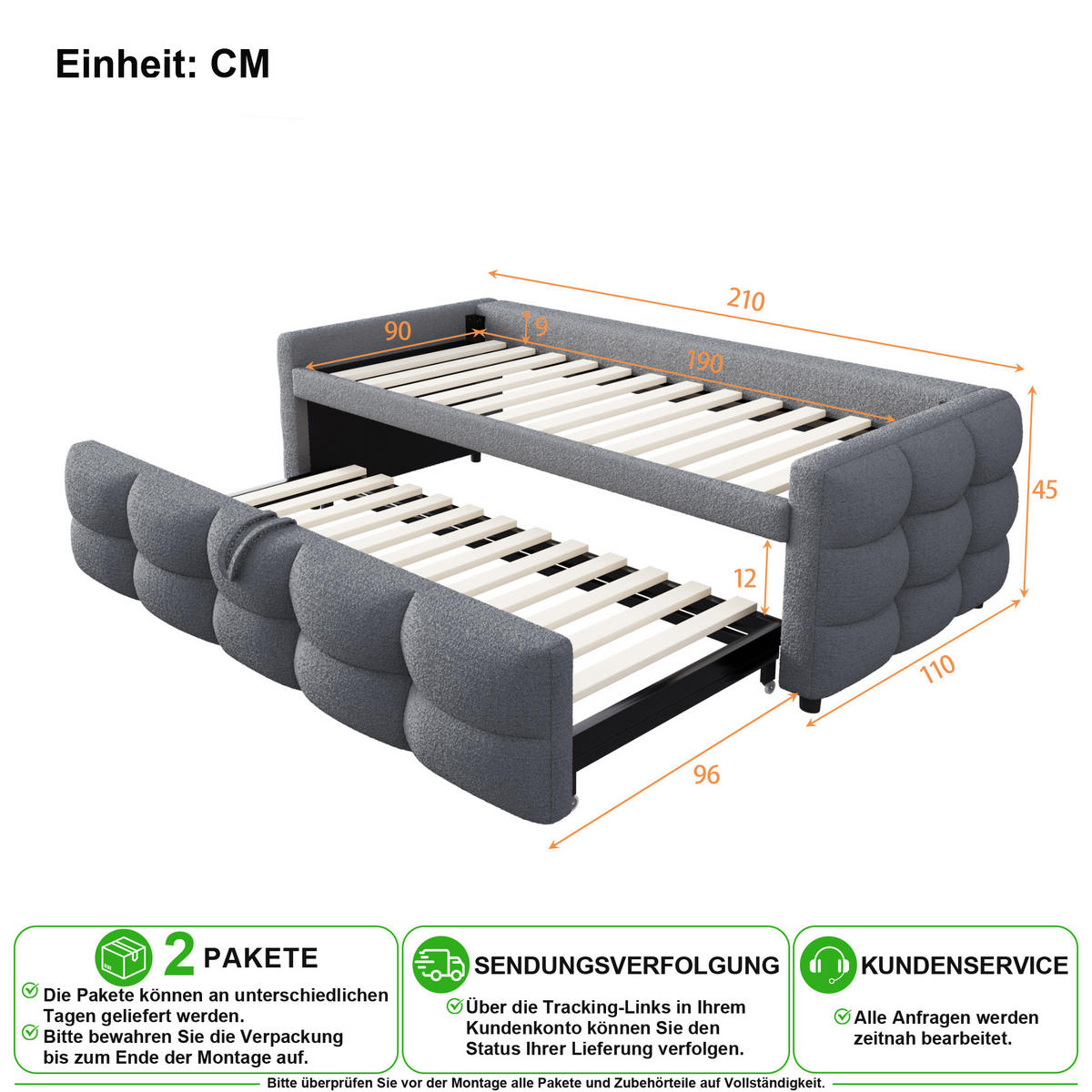 POLSTERBETT 90/190 cm & 180/190 cm in Grau mit Ausziehfunktion und Lattenrost Lammfell-Optik - Grau, Holzwerkstoff/Textil (90/190cm) - CHICFURN