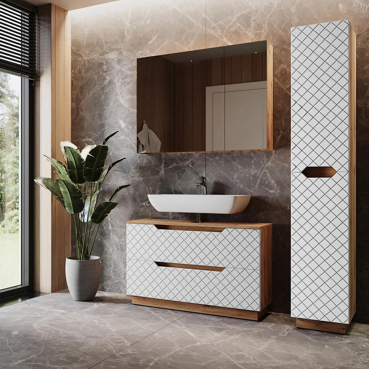 BADMÖBEL-SET Lotta Eiche/Weiß mit Kachelstruktur 3 Teile - Eichefarben/Weiß, Holzwerkstoff (99.4/62.5/32cm) - Vicco