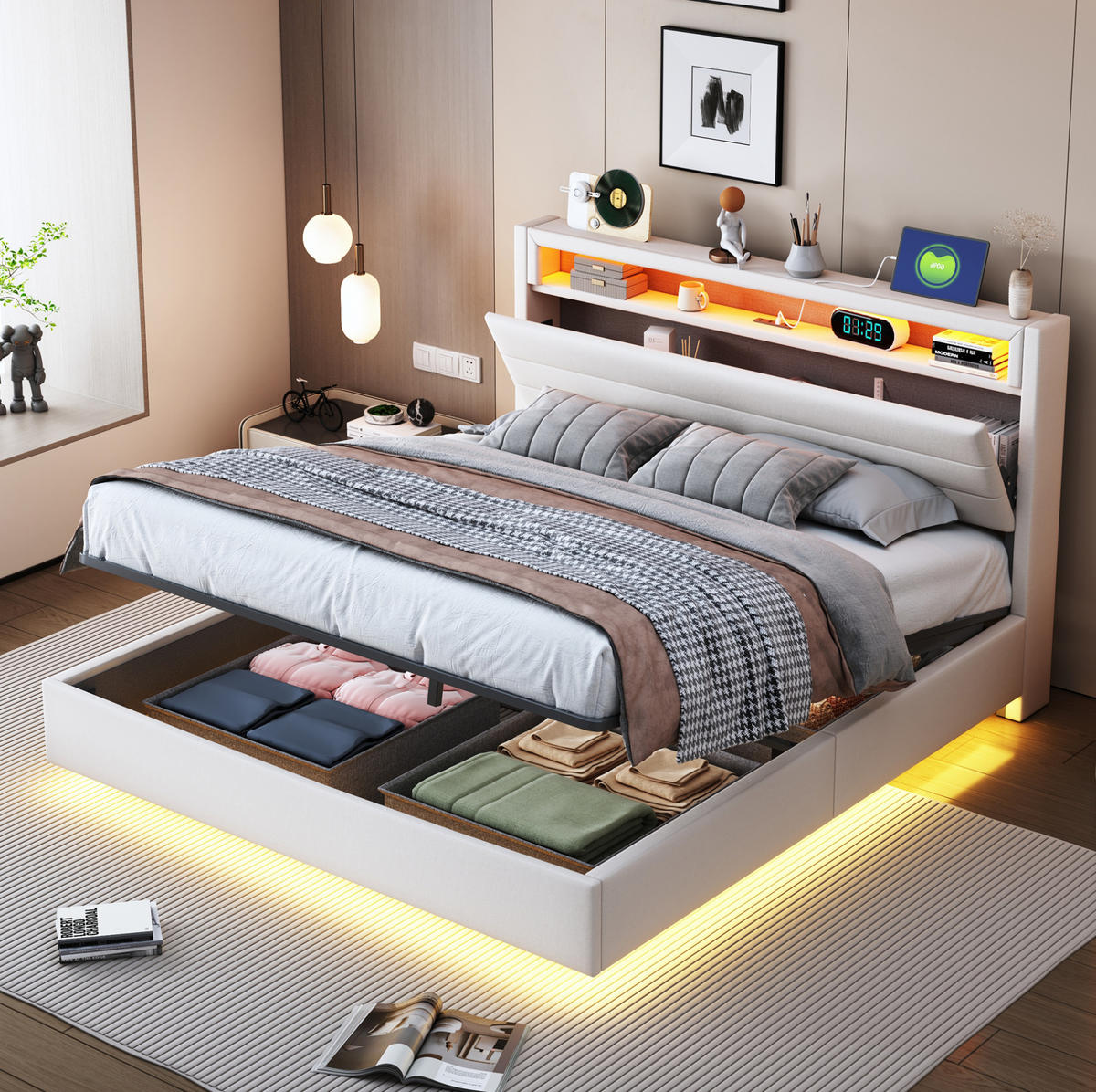 POLSTERBETT 140/200 cm in Beige mit Stauraum, LED-Beleuchtung und USB - Beige, Textil (140/200cm) - Flora Grace