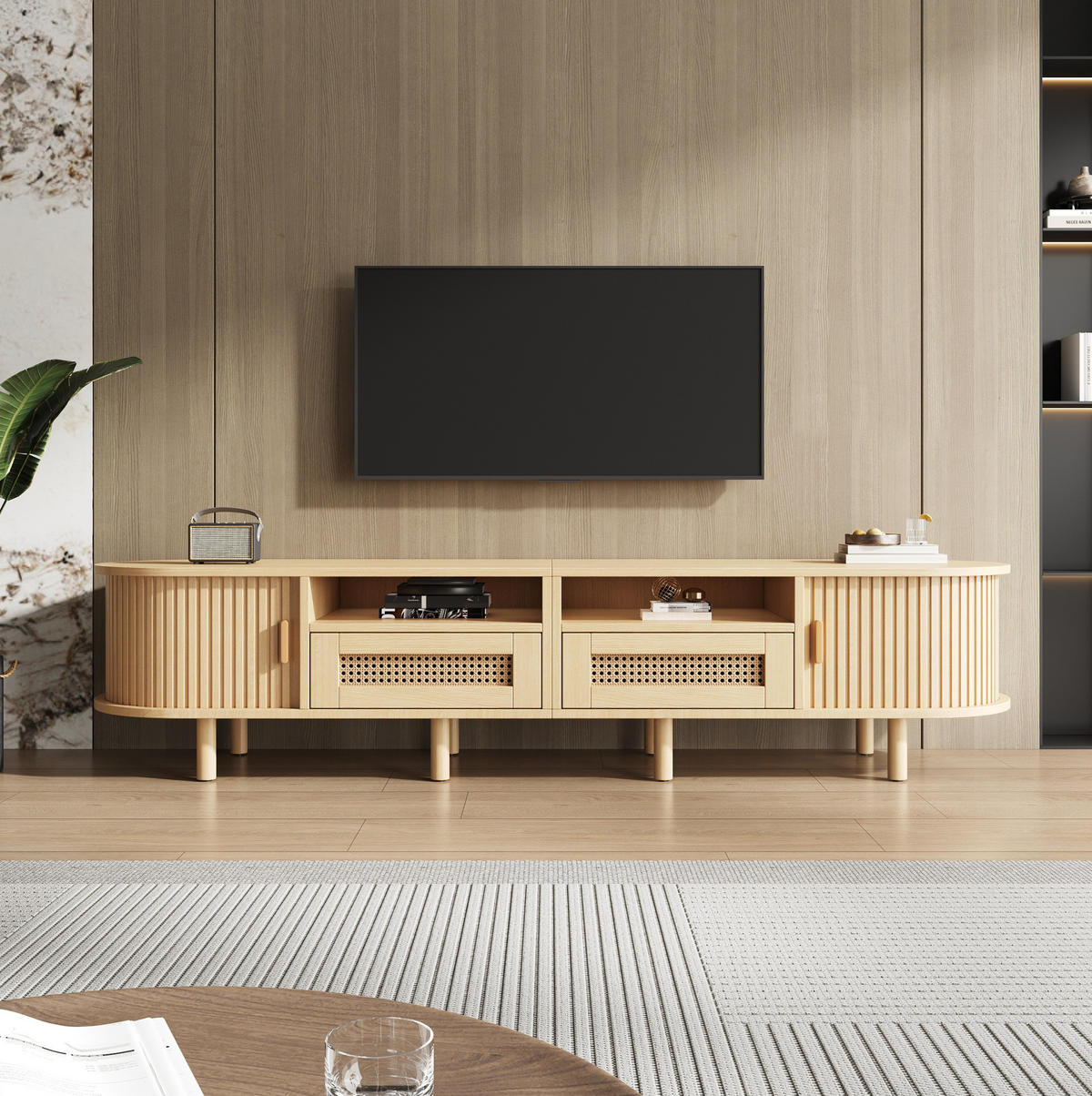 TV ormarić 170/40/40 cm svijetli hrast od MDF-a s ratan ladicama i kliznim vratima - prirodne boje, drvni materijal (170/40/40cm) - OKWISH