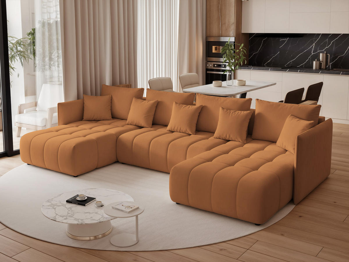 WOHNLANDSCHAFT OLIMPIA mit Schlaffunktion und Bettkasten Orange - Orange, Holzwerkstoff/Kunststoff (353/83/180cm) - Idohome