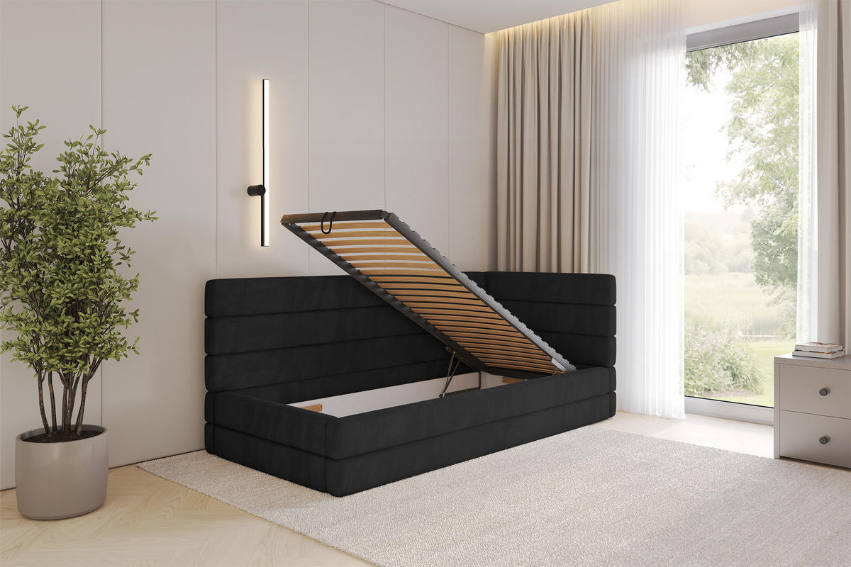 EINZELLBETT Jugendbett mit Bettkasten, Links - BEMY 90x200 Schwarz - Schwarz, Holzwerkstoff/Textil (90/200cm) - ALTDECOR