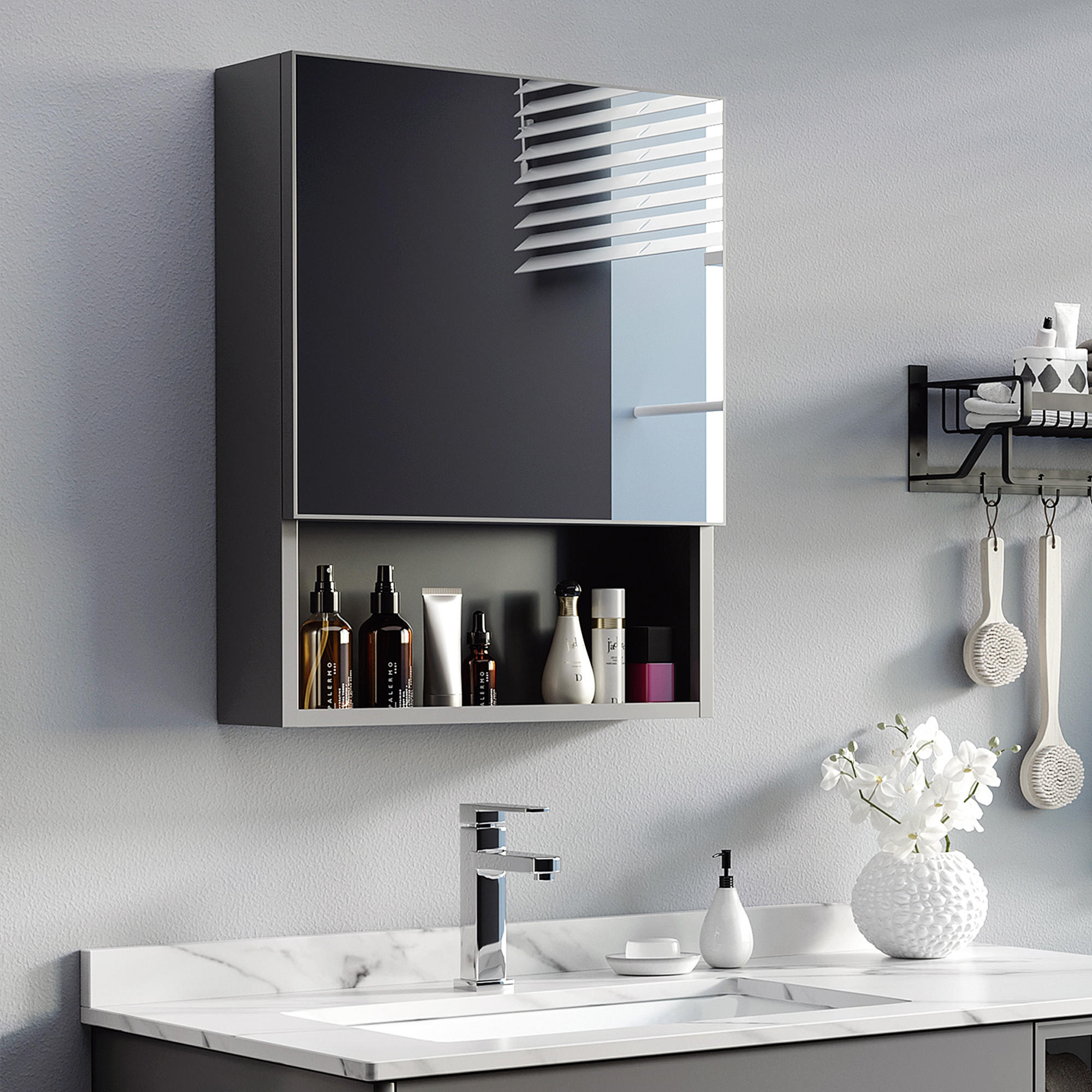 SPIEGELSCHRANK mit Spiegeltür, 2 Innenböden, Edelstahl, Glas, Schwarz - Schwarz, Glas (13.5/58/46cm) - Kleankin