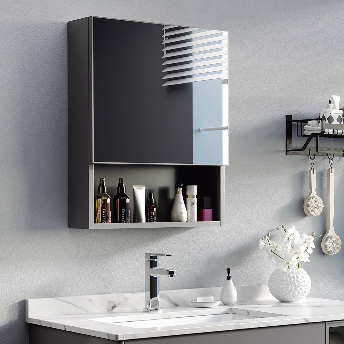 SPIEGELSCHRANK mit Spiegeltür, 2 Innenböden, Edelstahl, Glas, Schwarz - Schwarz, Glas (13.5/58/46cm) - Kleankin