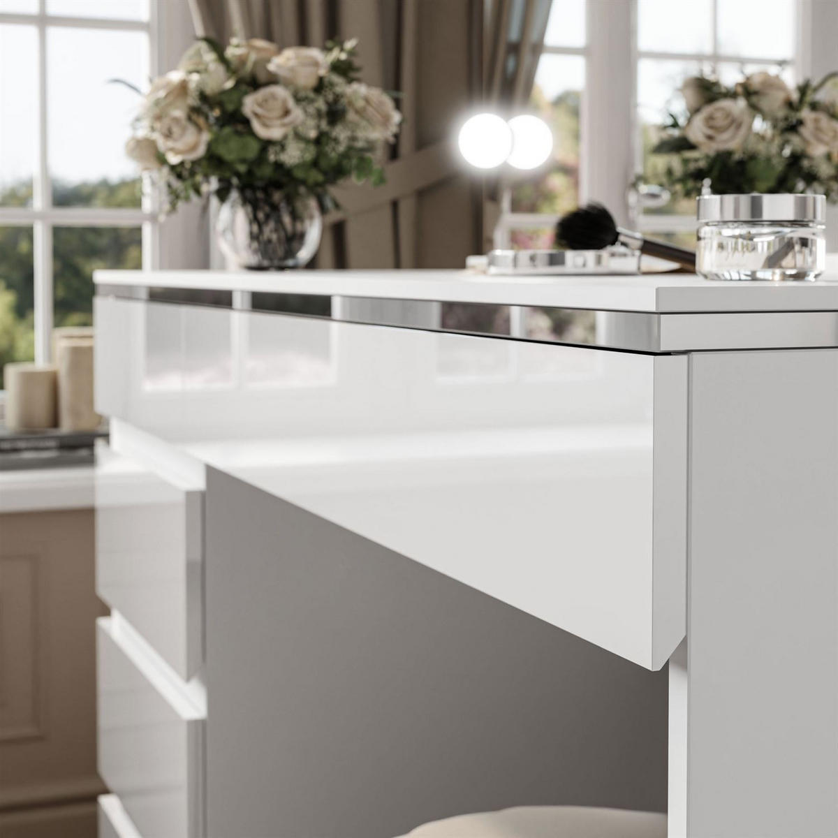 SCHMINKTISCH AURORA II SILVER ELITE mit Spiegel und Beleuchtung - Weiß Hochglanz, Holzwerkstoff (120/78.5/55cm) - Lookway