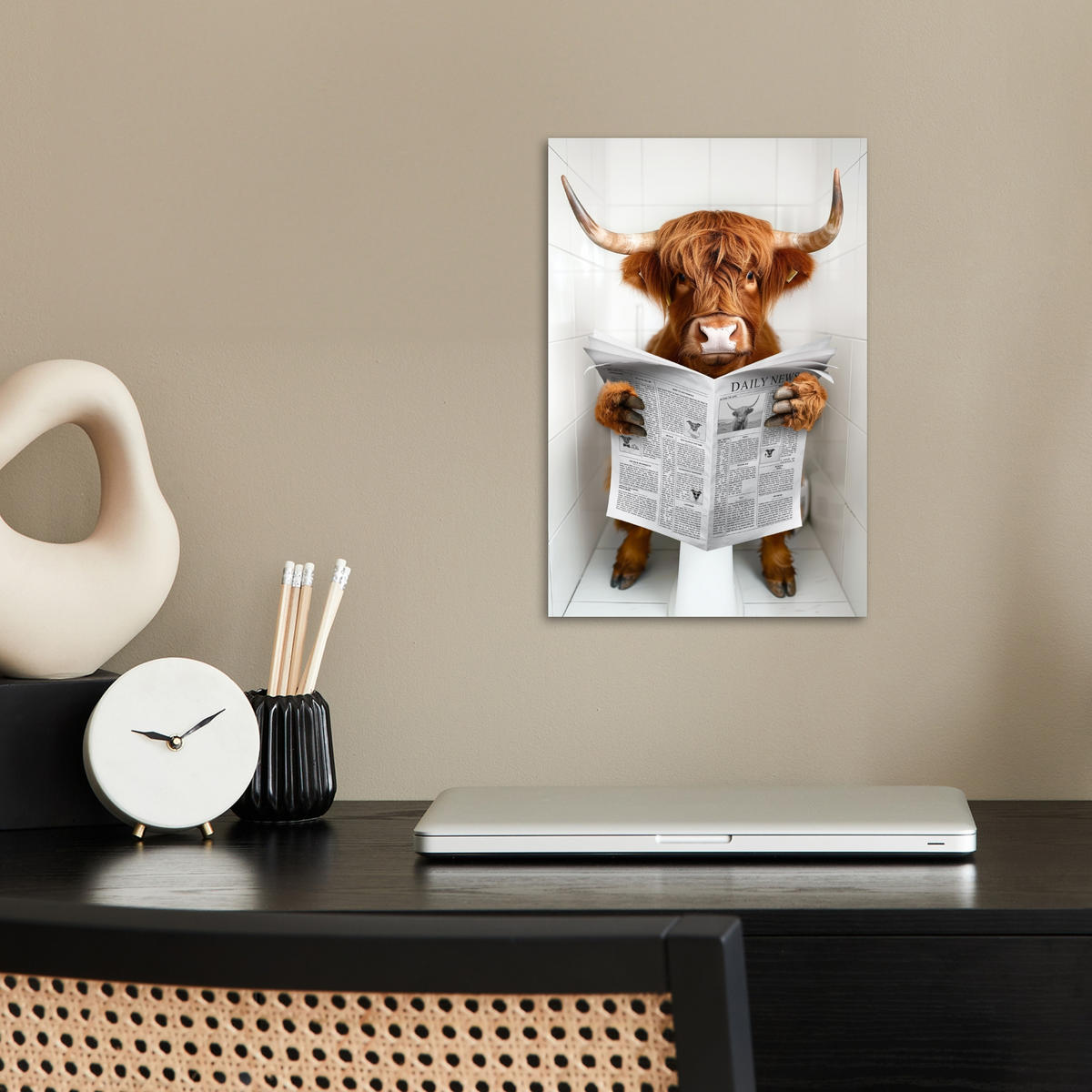POSTER Schottisches Hochlandrind - Tier - Zeitung - Toilette 20x30 cm - Kastanienfarben, Papier (20/30/0.1cm) - MuchoWow