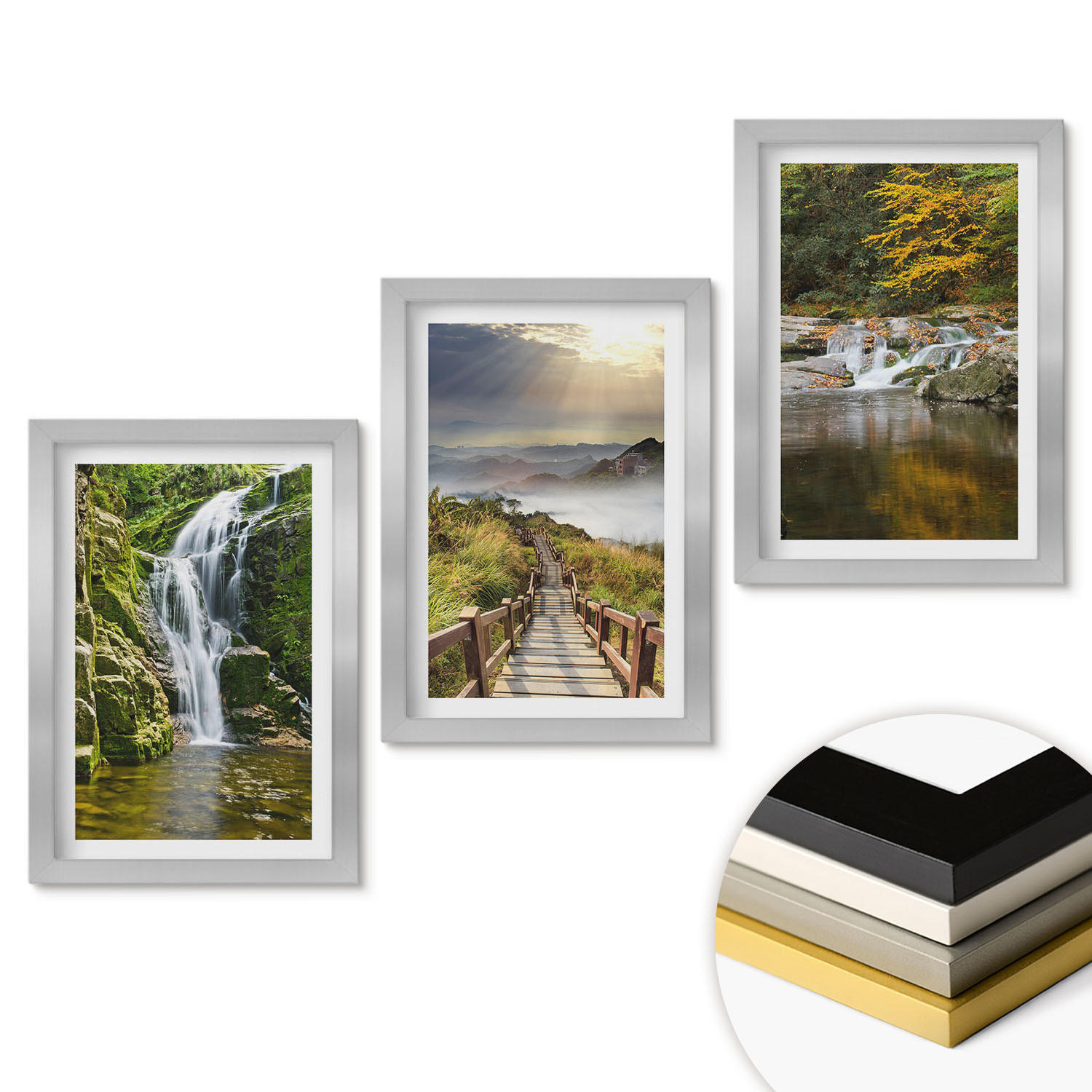 WANDBILDER 3er Set - 20x30 cm Silberner Rahmen - Wasserfälle, Berge, Wolken, Herbst - Silberfarben, Kunststoff (20/30cm) - ArtPrintCave