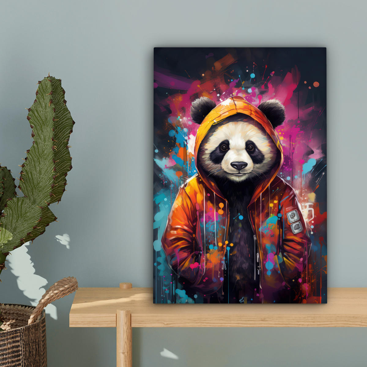 LEINWANDBILD Panda - Jacke - Graffiti - Orange Deko Wohnzimmer 20x30 cm - Orange, Textil (20/30cm) - MuchoWow