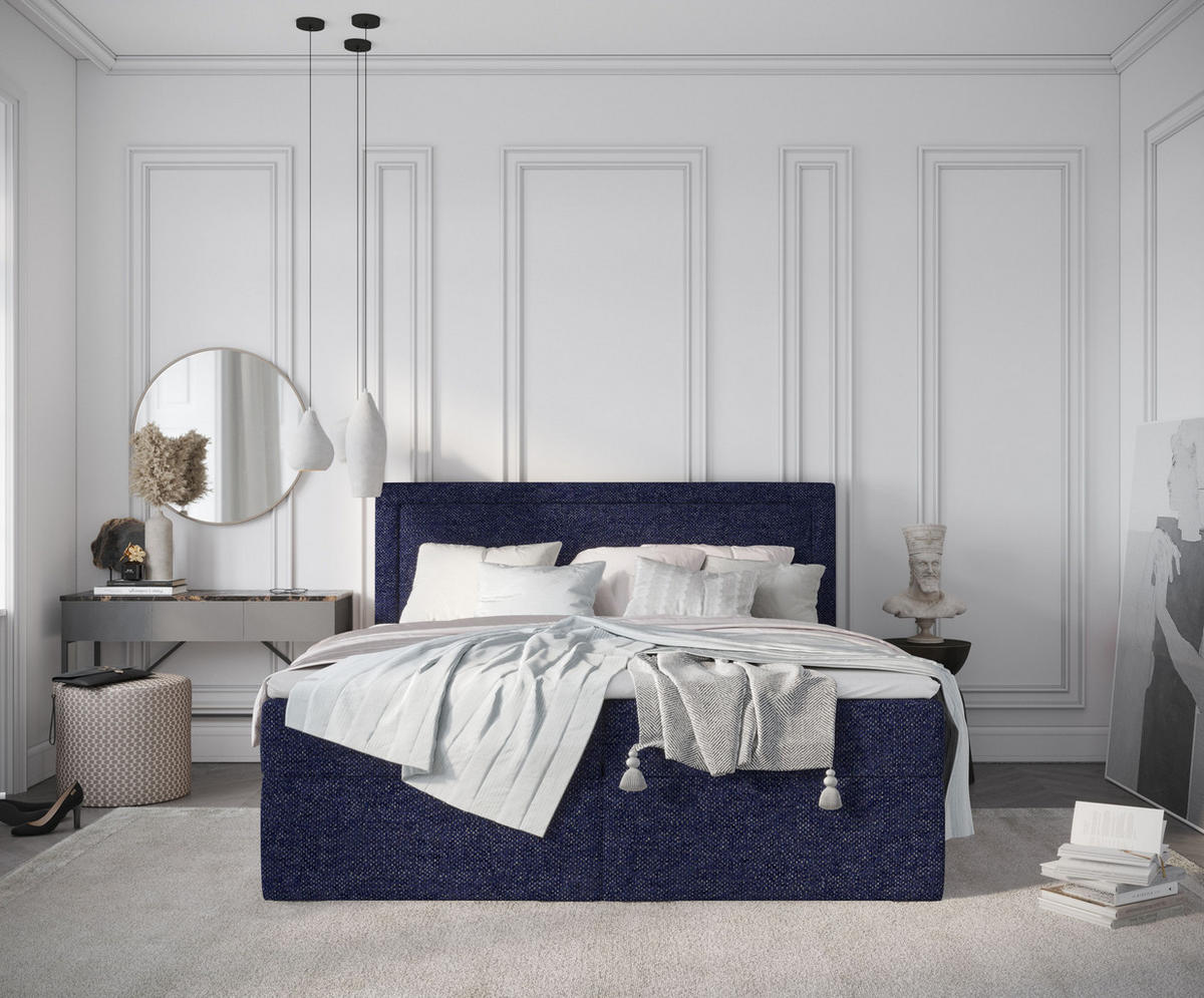 BOXBETT Tribeca Marineblau 180/200 cm mit Taschenmatratze und Topper - Schwarz/Dunkelblau, Holz/Holzwerkstoff (180/200cm) - Maison de Reve