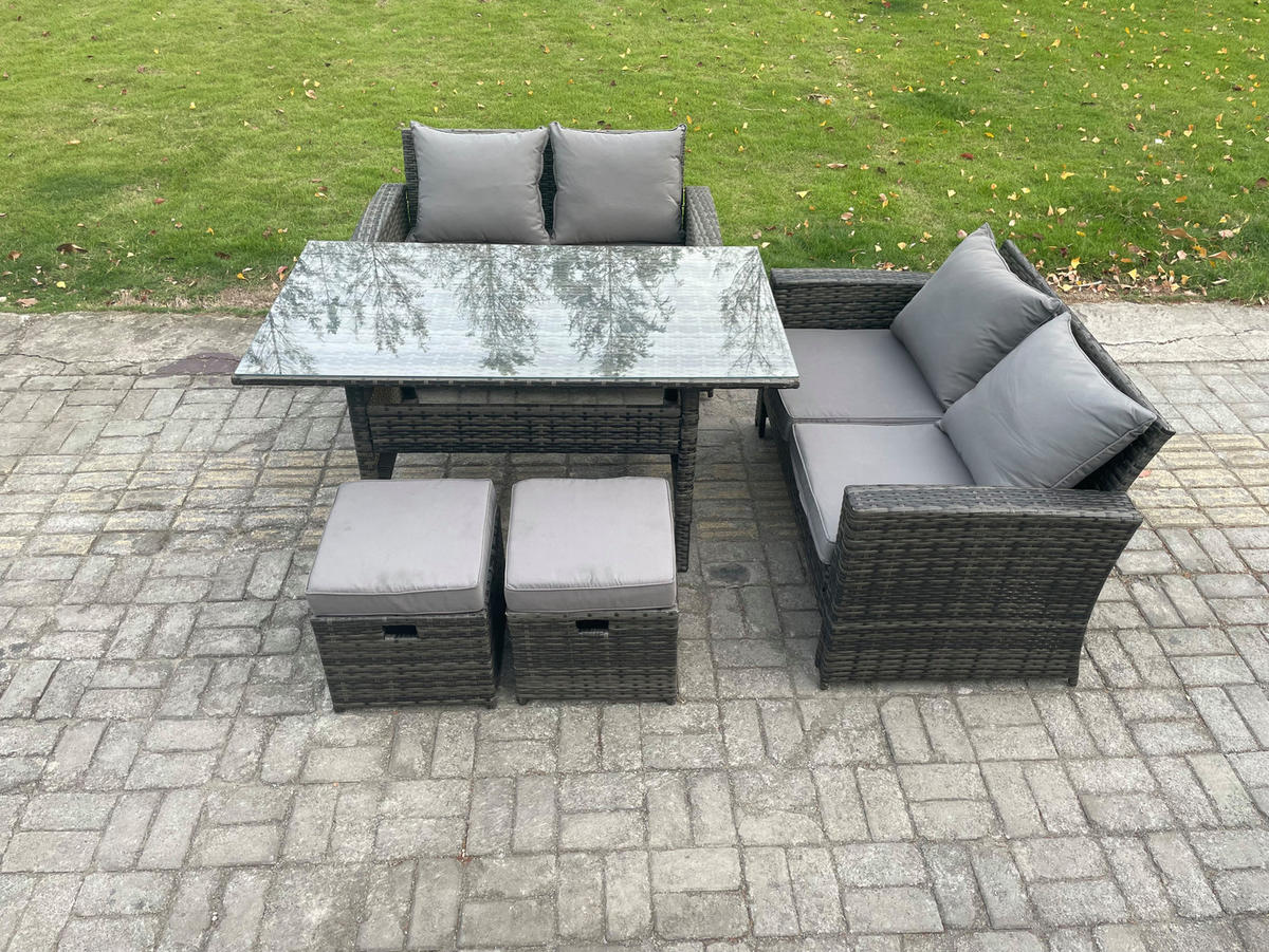 GARTENMÖBELSET mit 2-Sitzer Sofa,2 kleine Fußhocker,Esstisch,Beistelltisch Polyrattan Dunkelgrau 6-Sitzer - Dunkelgrau/Grau, Glas/Kunststoff - Fimous