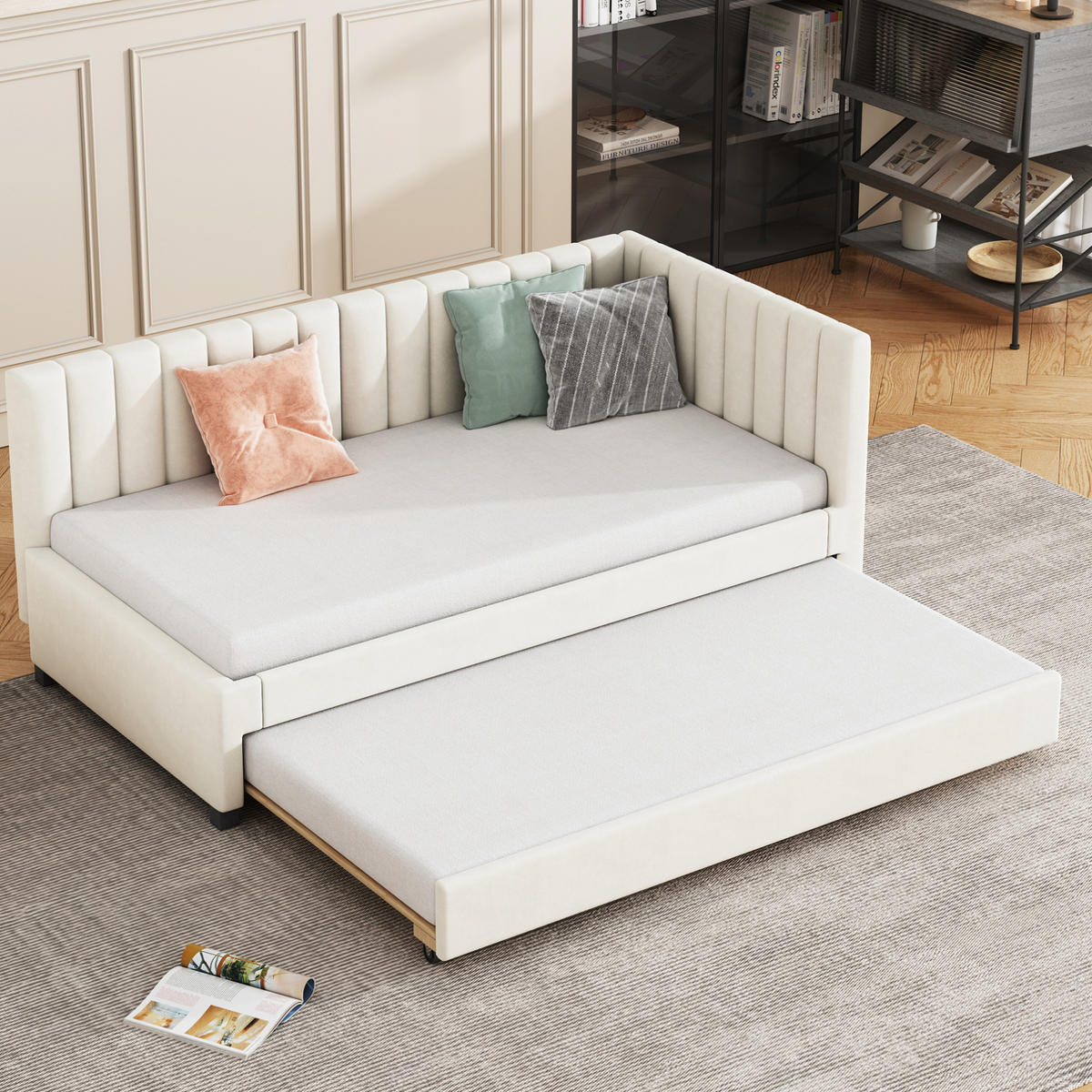 AUSZIEHBETT 90/200 cm aus Samt in Beige mit Lattenrost - Beige, Leder (90/200cm) - Flora Grace
