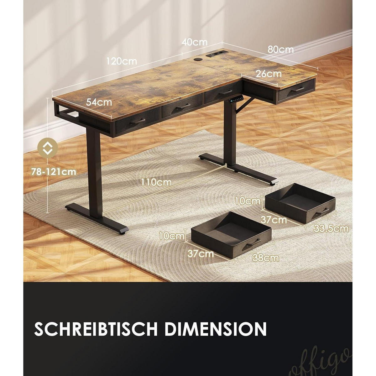 ECKSCHREIBTISCH höhenverstellbar 160 x 80 cm Vintage Braun mit Steckdose und 4 Schubladen - Braun, Holzwerkstoff (80/160/78cm)