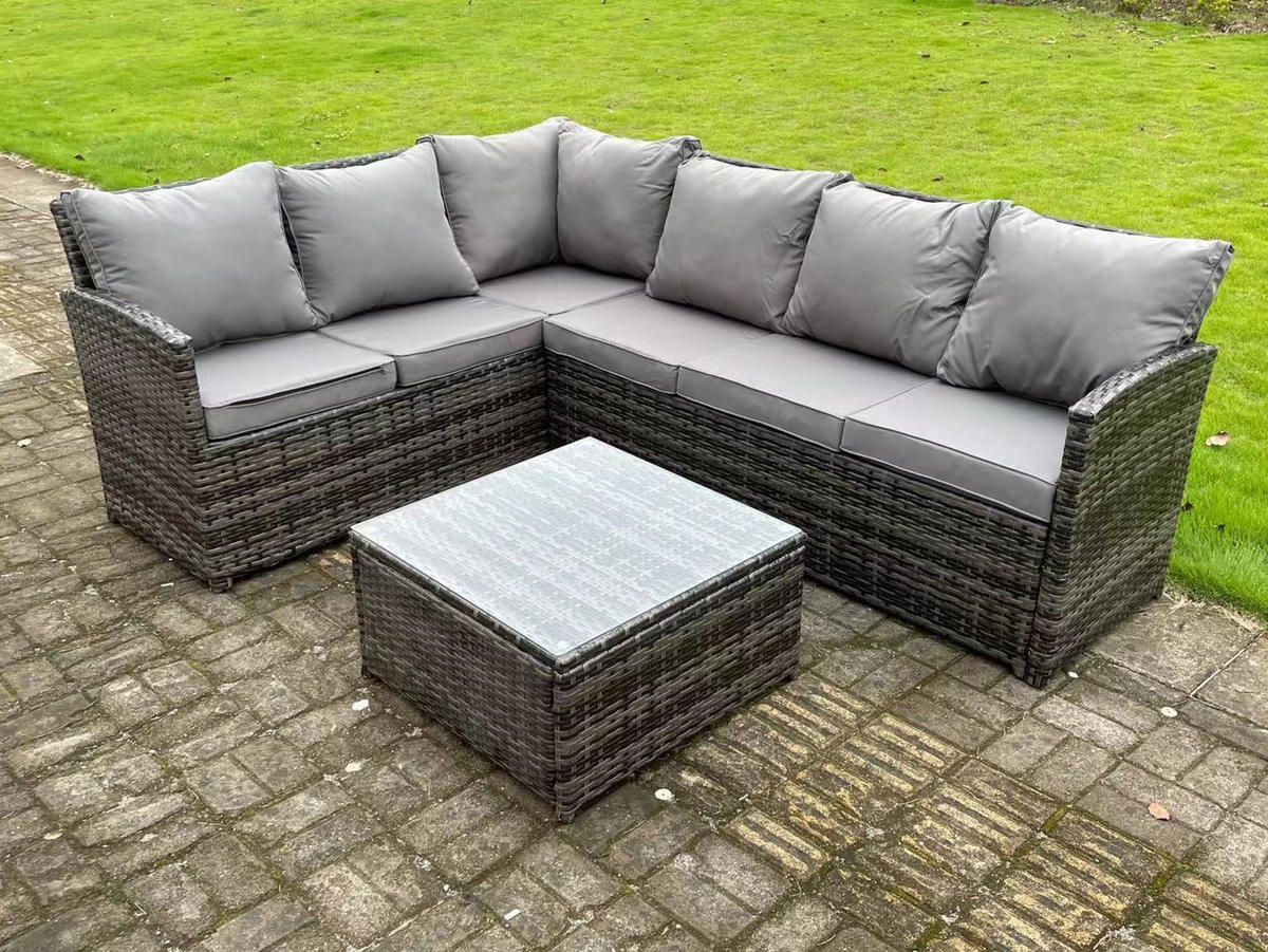GARTENMÖBEL SET mit Quadratischer Couchtisch Polyrattan Dunkelgrau 6-Sitzer - Dunkelgrau/Grau, Glas/Kunststoff - Fimous