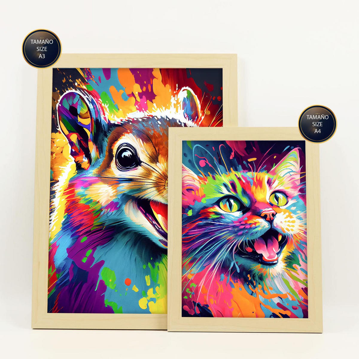 POSTER Set Mit 6 Entzückende Tiere Im Hochformat Lebhafte Aquarell Stil Illustrationen Von Lächelnde Tiere A3 & A4 Rahmen Aus Hellem Holz - Beige, Papier (29/3cm) - Nacnic