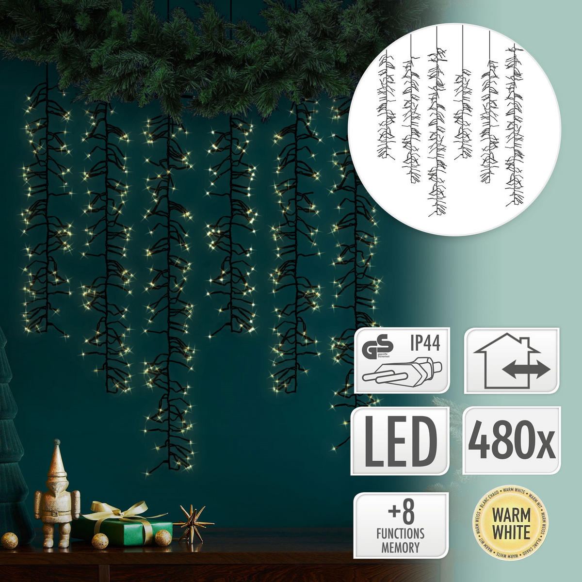 WEIHNACHT CLUSTER Cascade 480LED - Schwarz, Kunststoff (200cm) - ECD-Germany