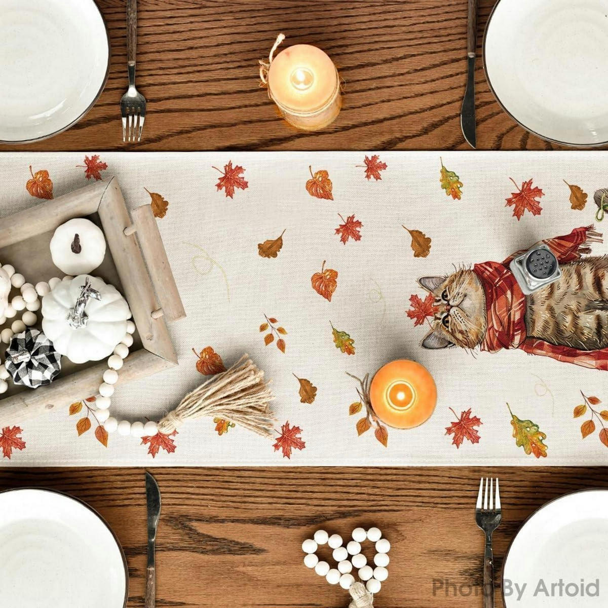 TISCHLÄUFER Herbst Katze 40 x 140 cm - Multicolor, Textil (140/40/1.5cm)