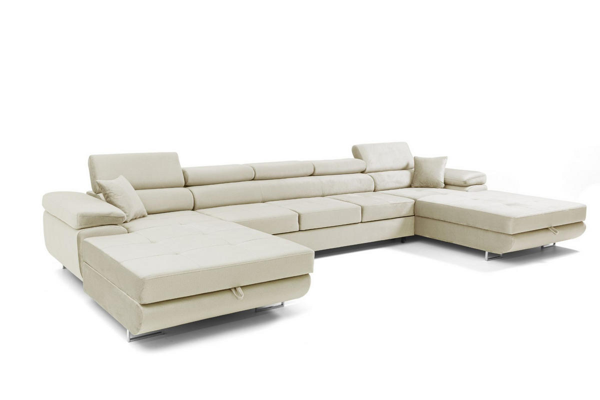 ECKSOFA U-Form ALONZO MAXI U mit Schlaffunktion 125x318 Velours Beige - Beige/Silberfarben, Holz/Textil (400/90/203cm) - Muffo