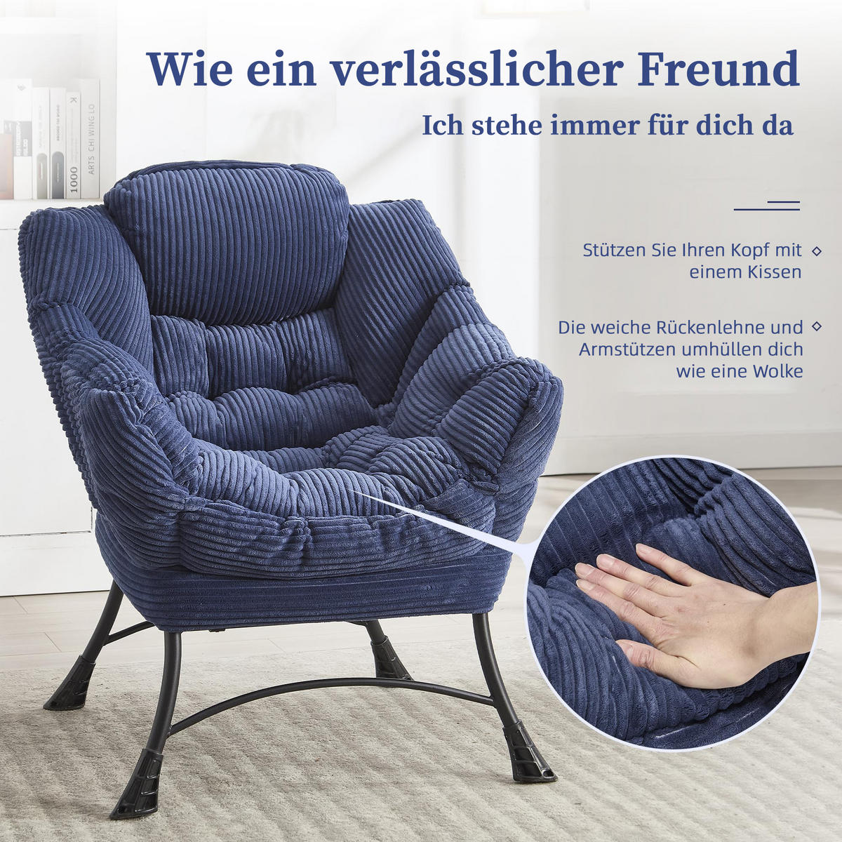 LOUNGESESSEL Relaxsessel mit Hocker,dicke Polsterung,Blau - Blau, Metall (70/95/64cm) - LVHOM