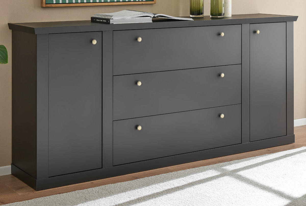 SIDEBOARD schwarz matt, Eiche Landhaus 205 cm, Kommode mit Soft-Close - Eichefarben/Messingfarben, Holzwerkstoff/Metall (205/92/42cm) - Furn.Design