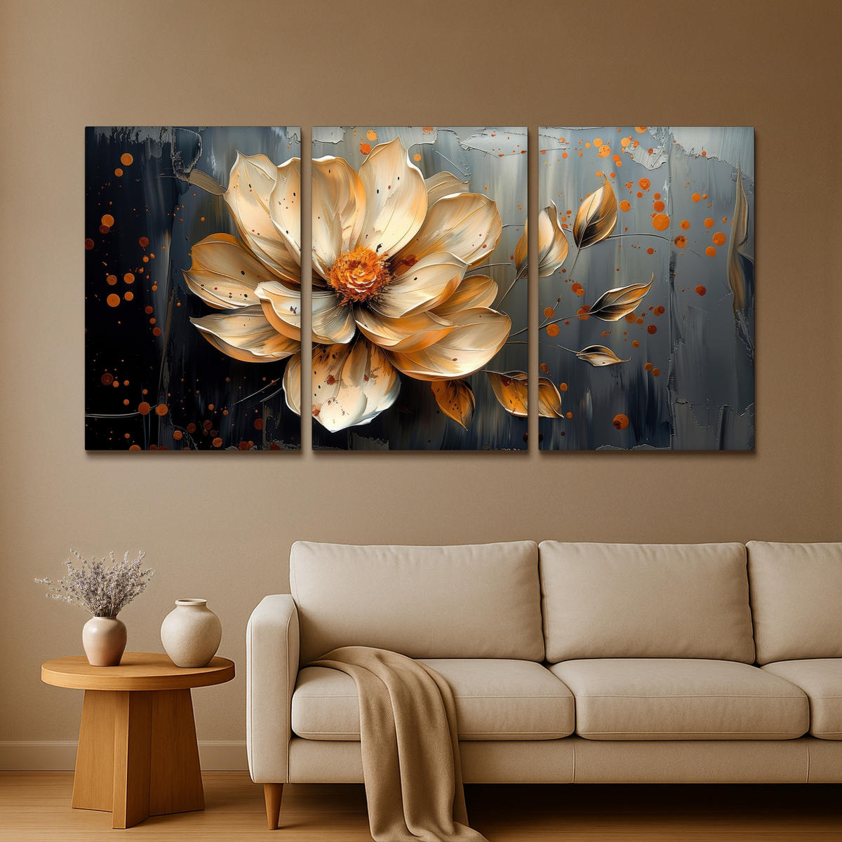 LEINWANDBILD 3er Set Blume - Gold - Abstrakt - Farbe 240x120 cm - Creme, Textil (240/120cm) - MuchoWow