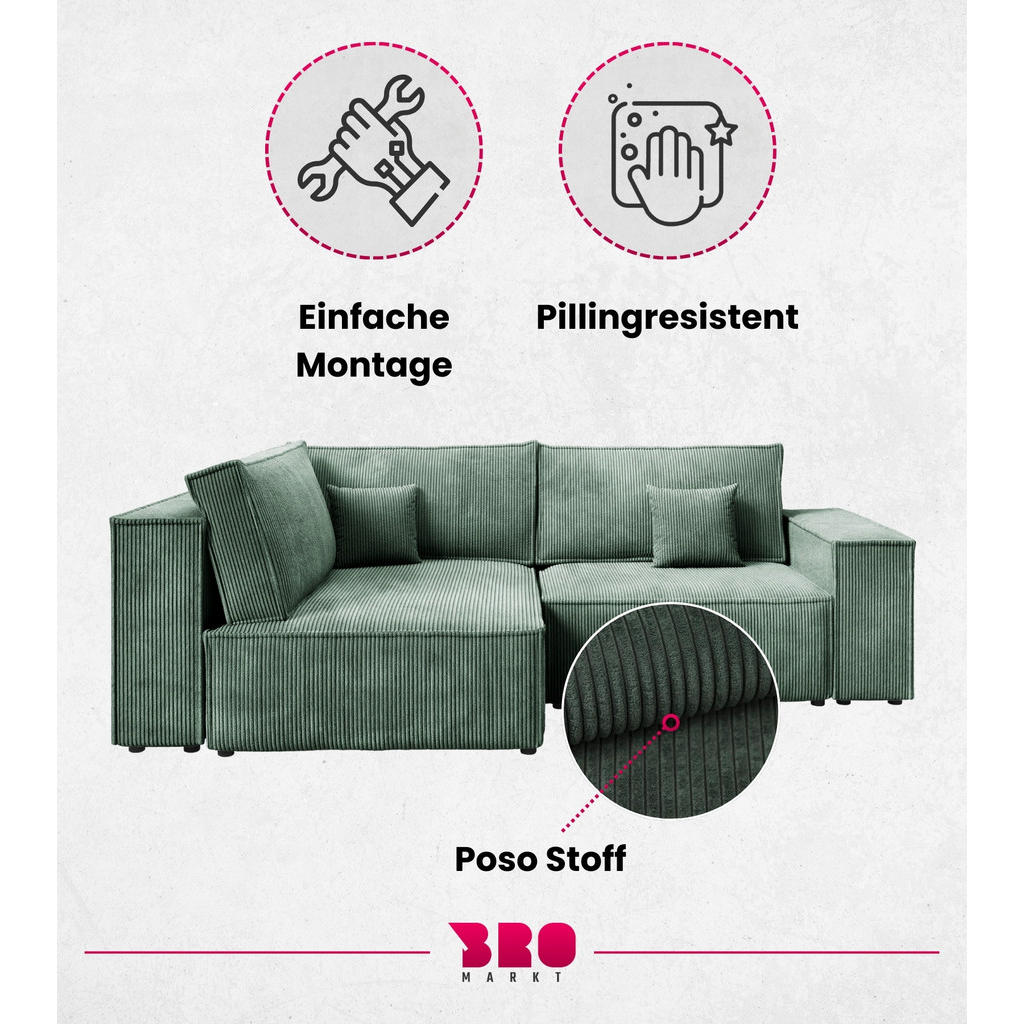 Thumbnail - Bromarkt Ecksofa, Grün, Textil, 3-Sitzer, Ottomane links, L-Form, 246x153 cm, Wohnzimmer, Sofas & Couches, Wohnlandschaf...