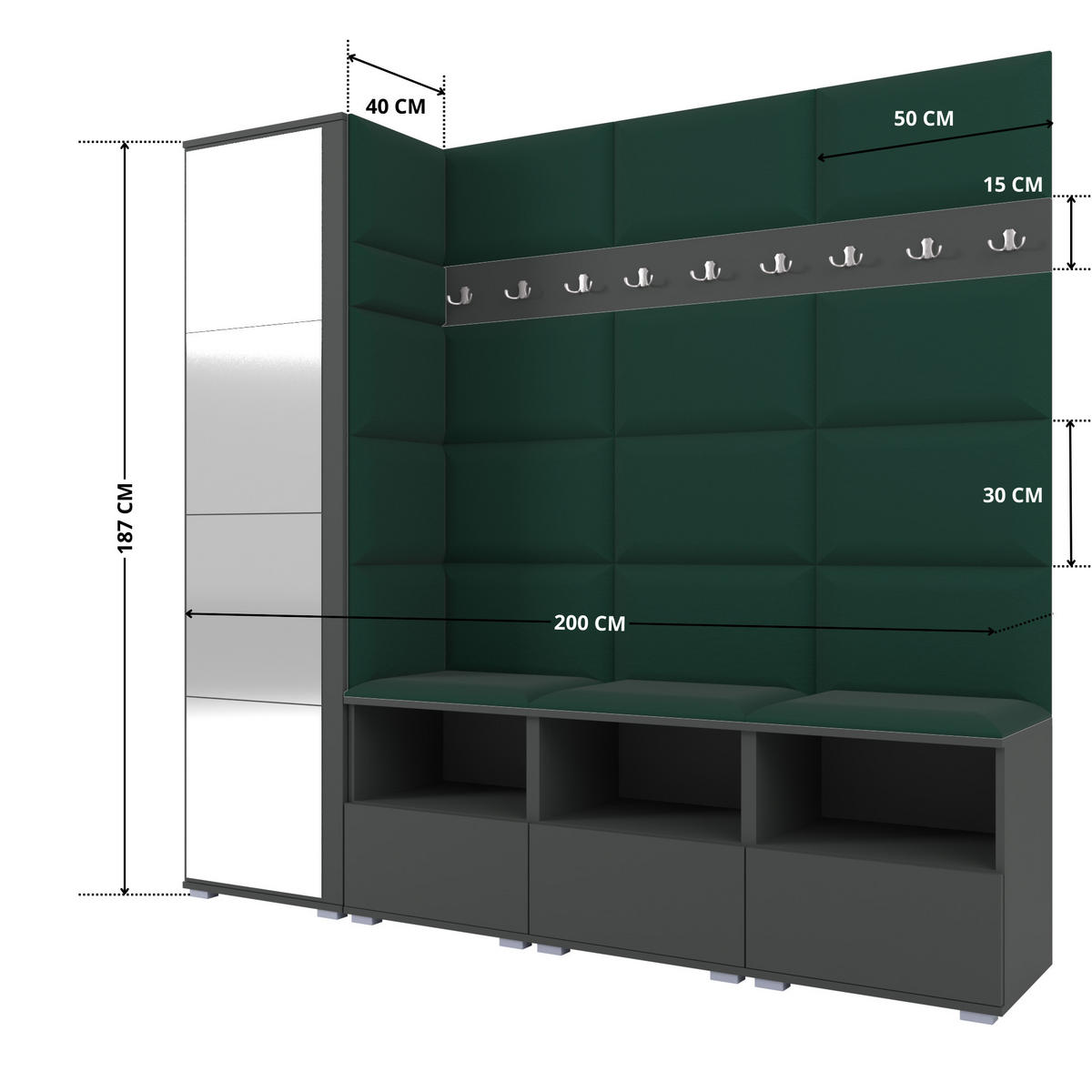 GARDEROBE NELA IX 200 cm (Modulare Flurmöbel Graphit mit Spiegel & Sitzpolster Flaschengrün 28 Breite Sitzbank) - Dunkelgrün/Silberfarben, Holz/Holzwerkstoff (200/187/40cm) - Ravio