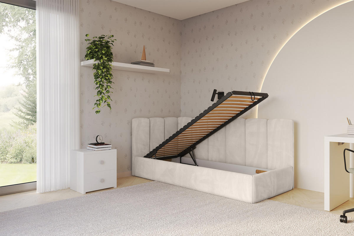 EINZELLBETT Jugendbett mit Bettkasten und Matratze H3/H4, Rechts - DEXY 80x200 Beige - Sandfarben, Holzwerkstoff/Textil (80/200cm) - ALTDECOR