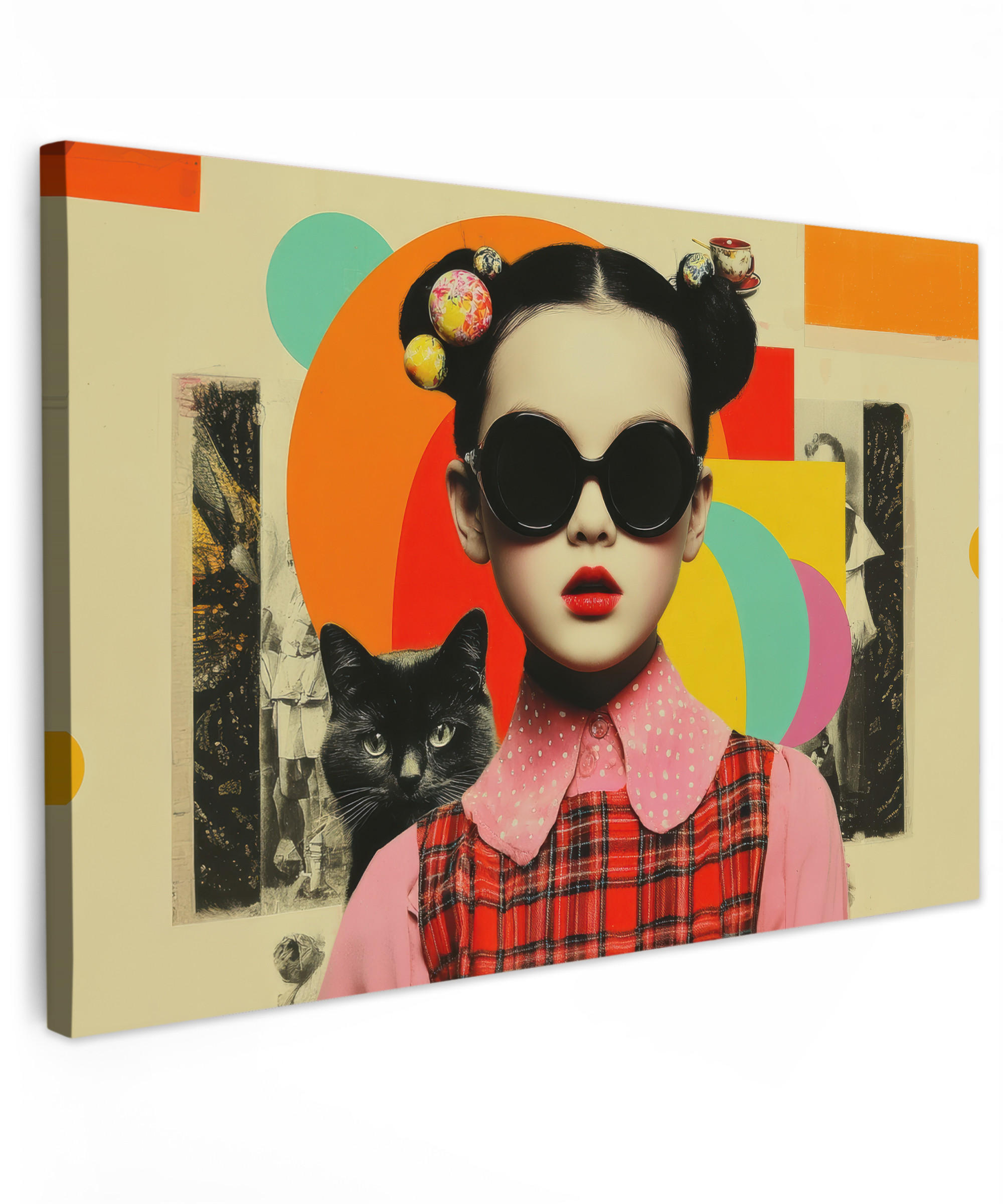 LEINWANDBILD Mädchen - Sonnenbrille - Katze - Retro Wohnzimmer Groß 120x80 cm - Beige, Textil (120/80cm) - MuchoWow