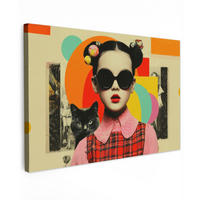 LEINWANDBILD Mädchen - Sonnenbrille - Katze - Retro Wohnzimmer Groß 120x80 cm - Beige, Textil (120/80cm) - MuchoWow