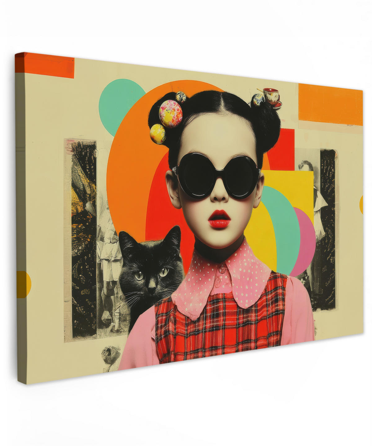 LEINWANDBILD Mädchen - Sonnenbrille - Katze - Retro Wohnzimmer Groß 120x80 cm - Beige, Textil (120/80cm) - MuchoWow