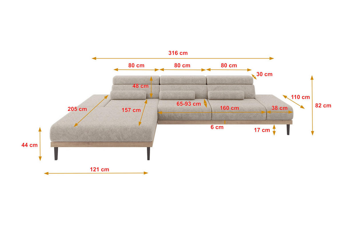 ELEKTRISCHES ECKSOFA Links MONA 316x205x85 Beige Velours - Beige, Holzwerkstoff/Textil (316/205cm) - ALTDECOR