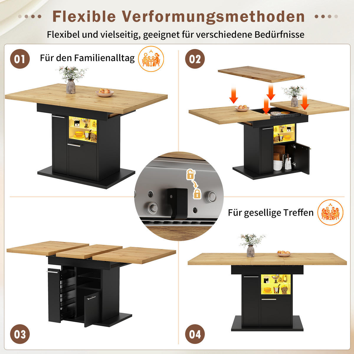 ESSTISCH Ausziehbar Stauraum LED Glasablagen Modern 4 6 Personen - Schwarz, Holzwerkstoff (80/140/77.2cm) - FLIEKS