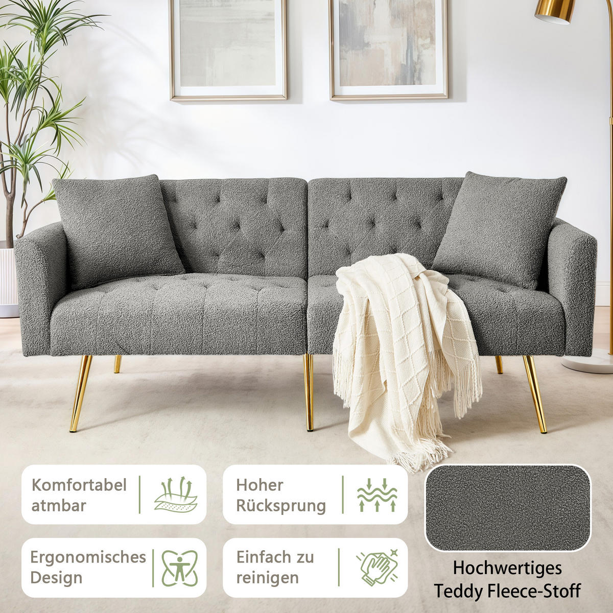 SCHLAFSOFA 177/78/74 cm in Gray Teddyfell mit Aufbewahrungstasche - Grau, Textil (177/74/78cm) - Oxeza