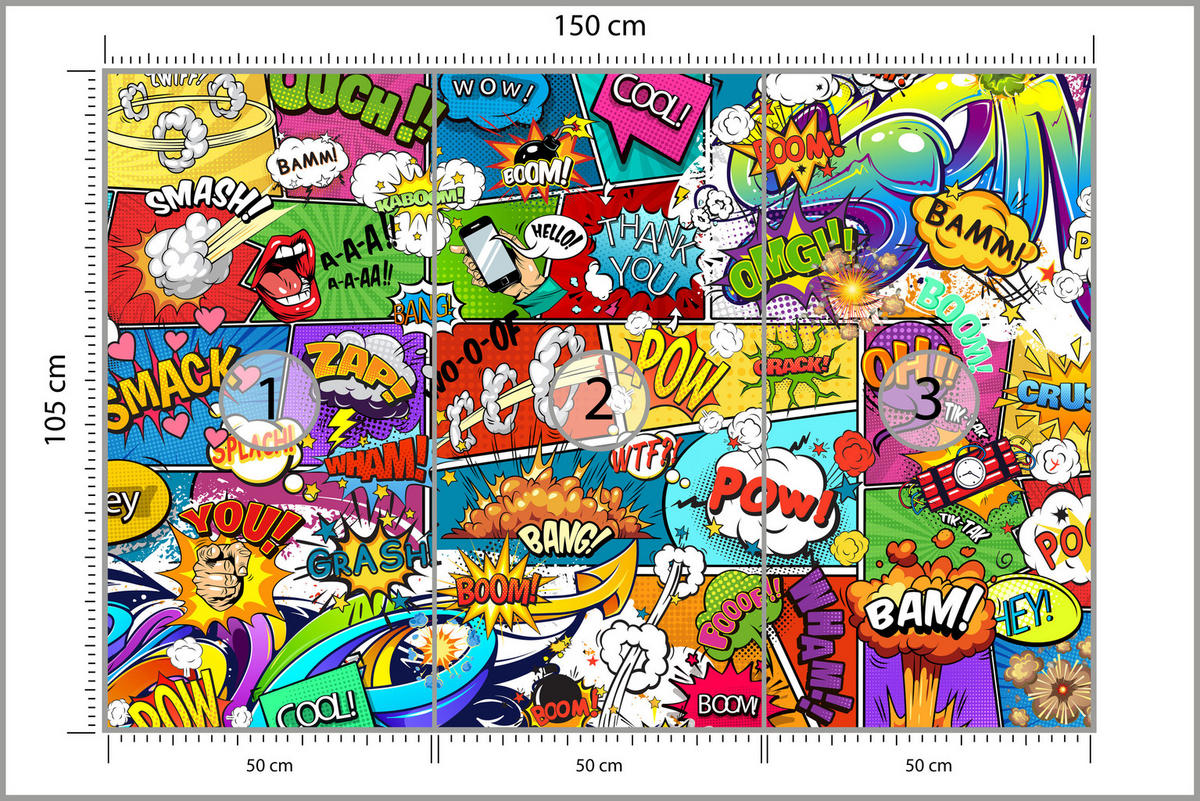 FOTOTAPETA Pre Študentskú Izbu Komiks Farebné Texty Dym Pery 150 x 105 cm - lila/oranžová, papier (150/105cm) - Muralo