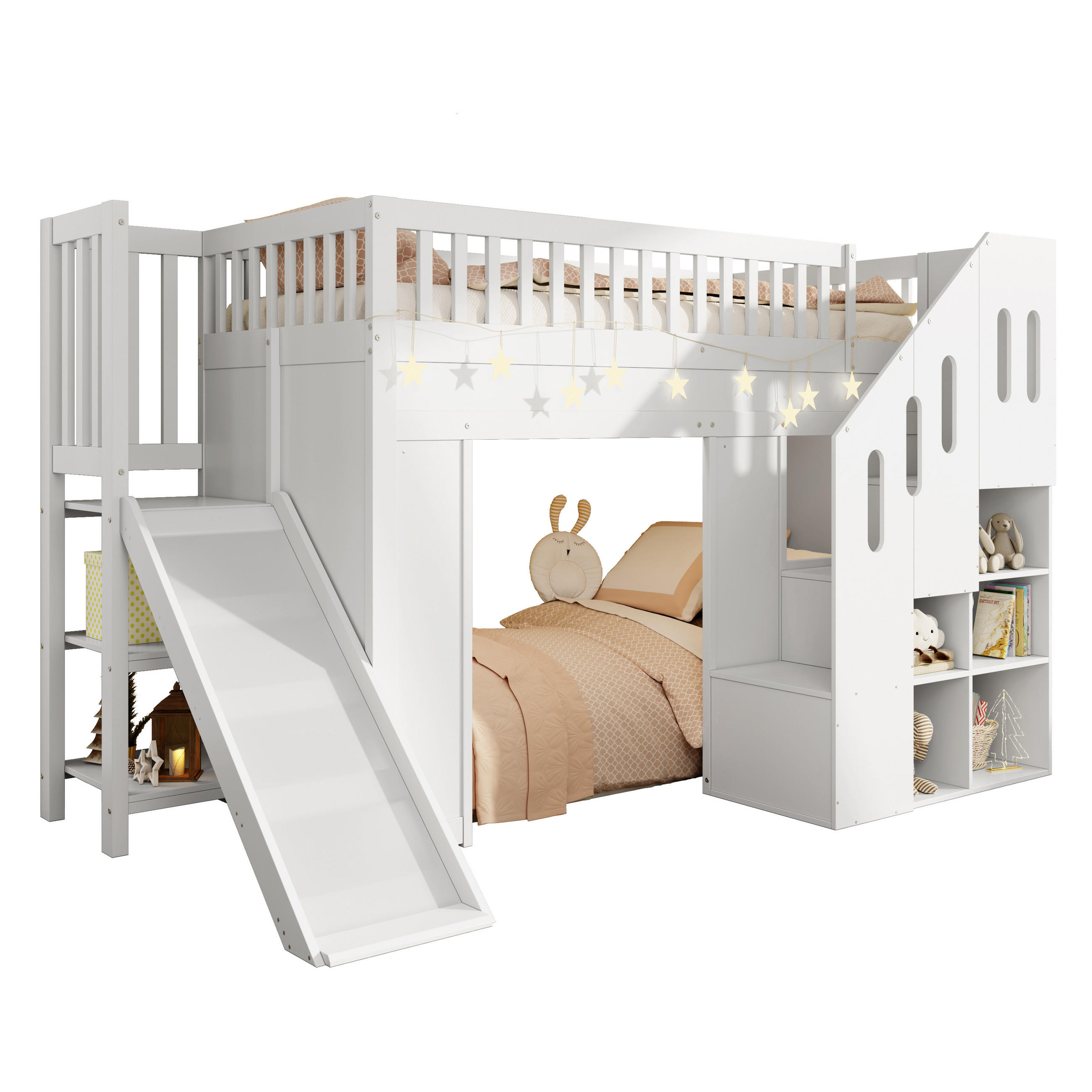 HOCHBETT 90/200 cm in Weiß Kinderbett mit Rutsche, Stauraumtreppe und LED - Weiß, Holzwerkstoff (90/200cm) - STILVORA