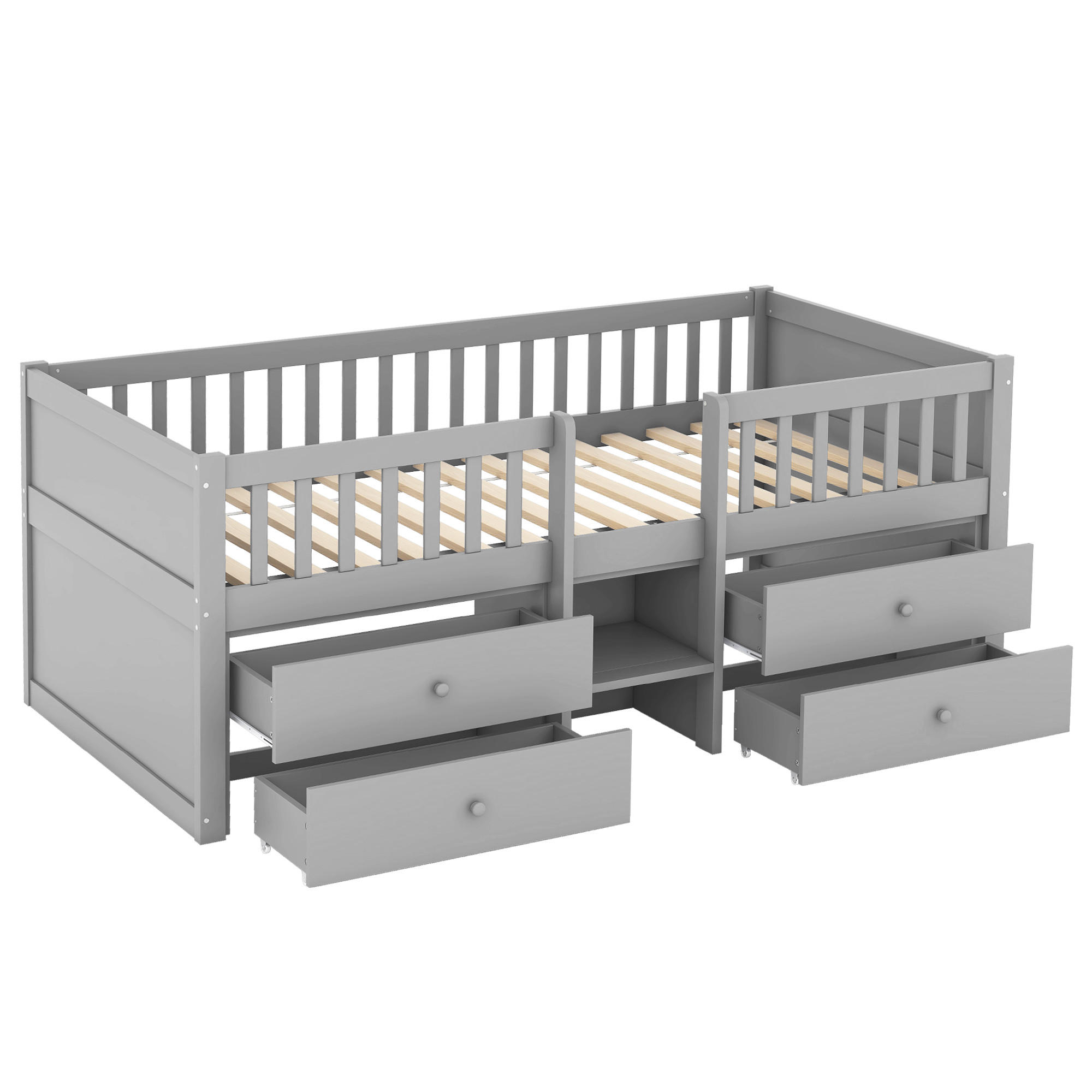 HOLZBETT 90/200 cm DE-04805, mit 4 Schubladen, Geländer und Leiter in Grau - Grau, Holz/Holzwerkstoff (90/200cm) - ComfortXL