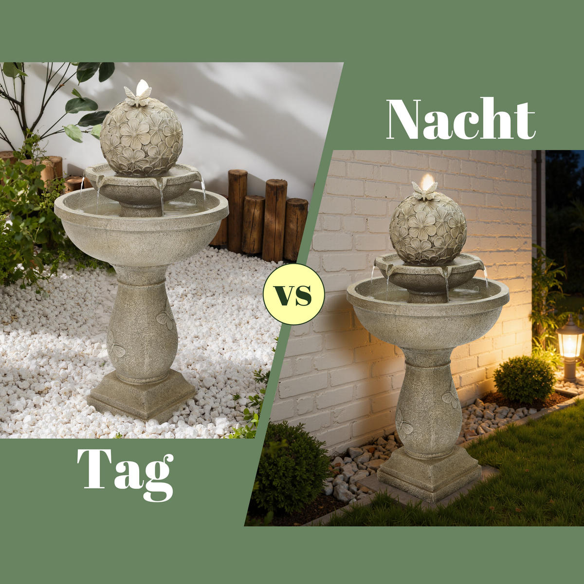 2-STUF. Polyresin-Gartenbrunnen, Vogeltränke+Schmetterling auf Kugel, 95cm, Garten/Balkon/Terrasse - Grau, Kunststoff (45/45/95cm)