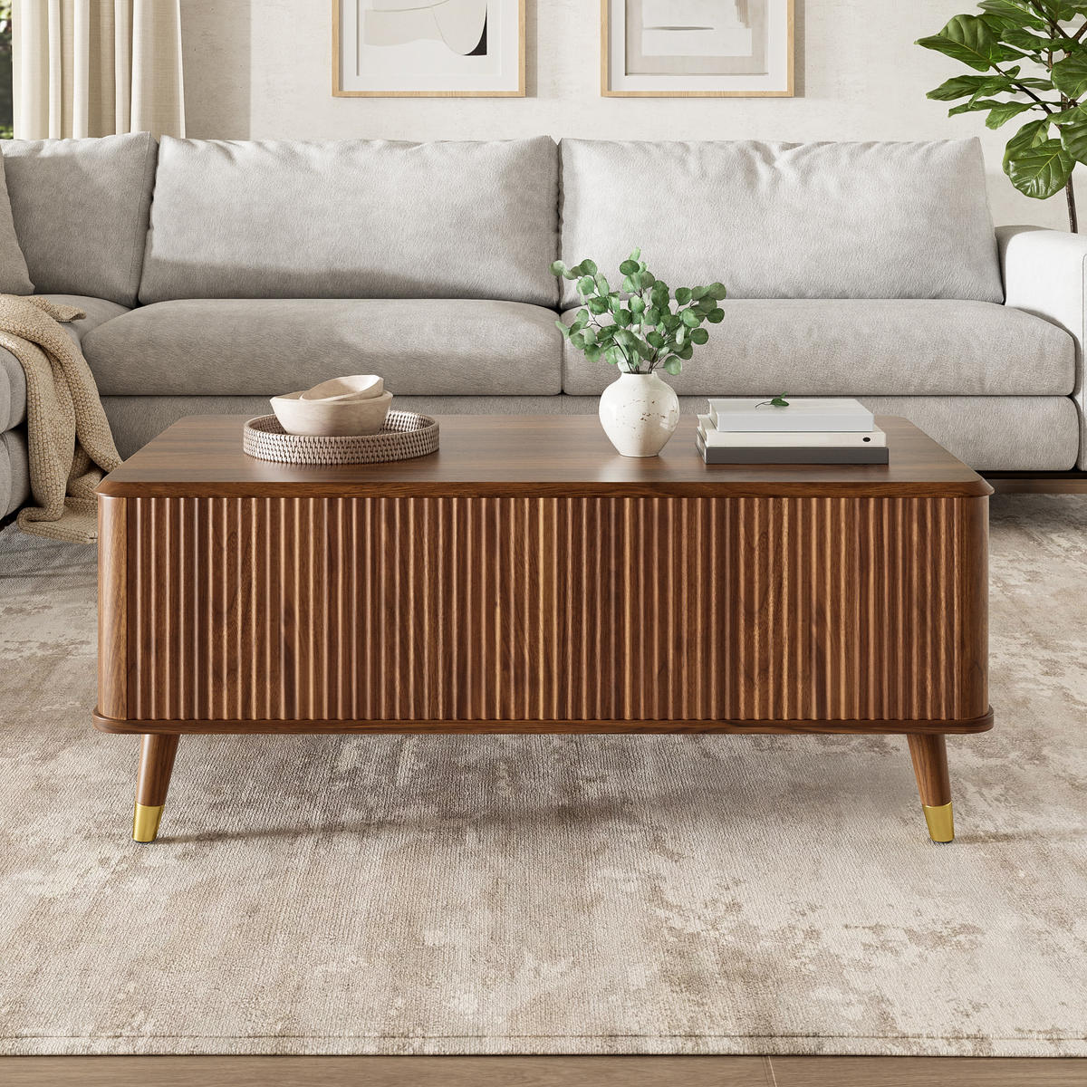 COUCHTISCH mit Höhenverstellung und Stauraum, Retro-Wellenstruktur, ausziehbar, Holzoptik, multifunktional - Braun, Holzwerkstoff (97/52/56.5cm) - EVRYAE