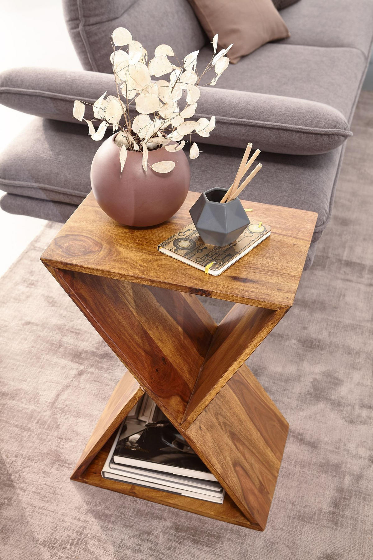 BEISTELLTISCH – Massivholz Braun X-Gestell mit 2 Ablagen - Braun, Holz (30/43/60cm) - KADIMA DESIGN