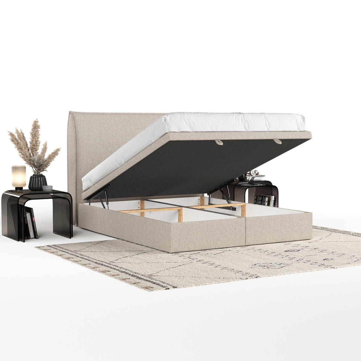 POLSTERBETT Tuvalu mit Stauraum 120/200 cm Hellbeige im Megan Stoff - Beige/Schwarz, Holz/Holzwerkstoff (120/200cm) - AltaBeds