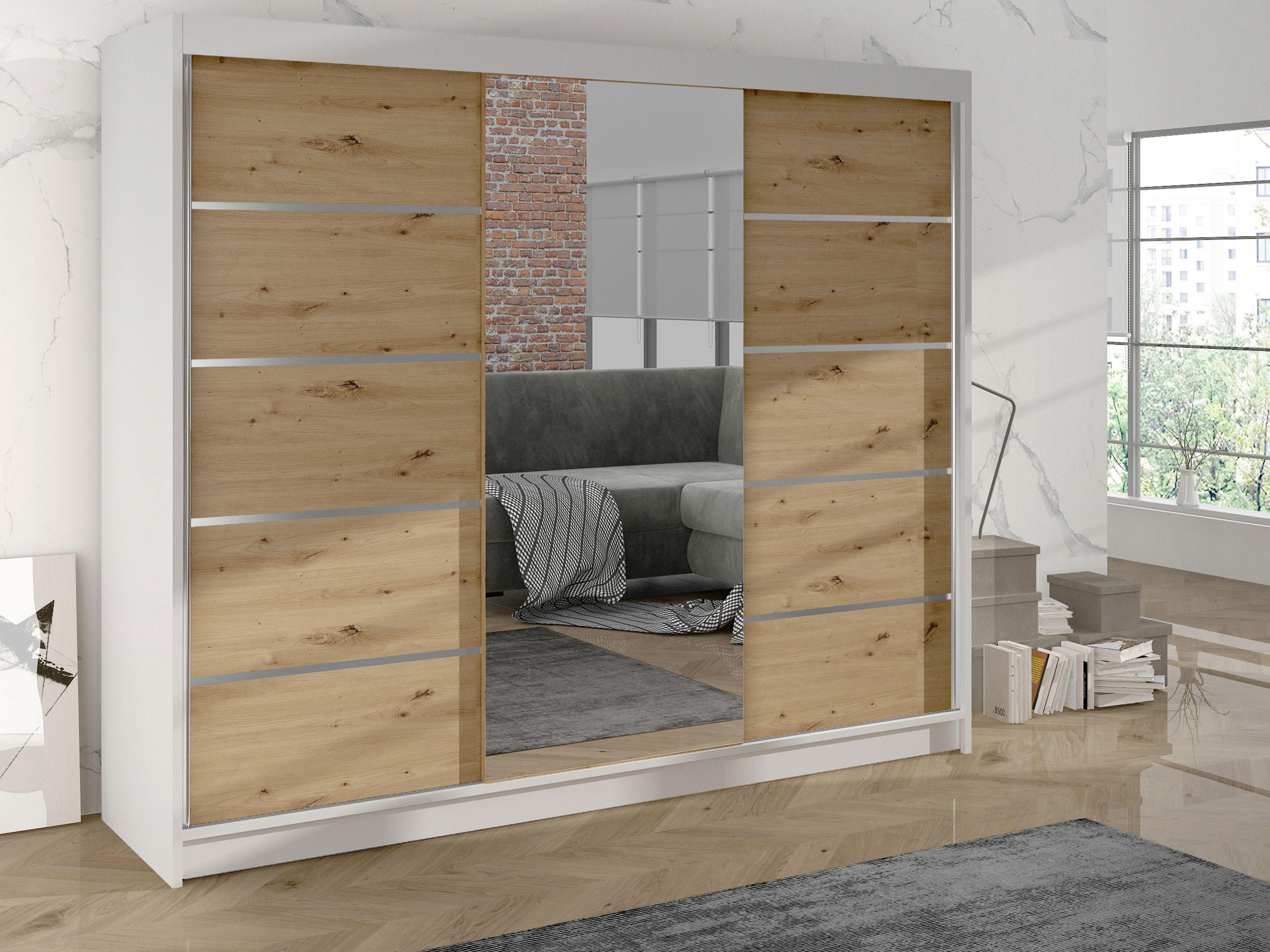 SCHWEBETÜRENSCHRANK Derby VI - Eiche Artisan, Holzwerkstoff/Metall (200/215/58cm) - MIRJAN24
