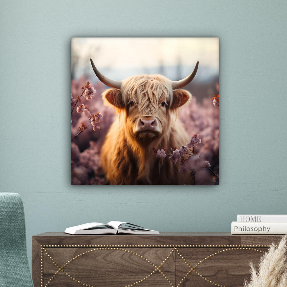 LEINWANDBILD - Schottischer Hochländer - Frühling - Hochland - 50x50 - Room Decor - Hellrosa, Textil (50/50cm) - MuchoWow
