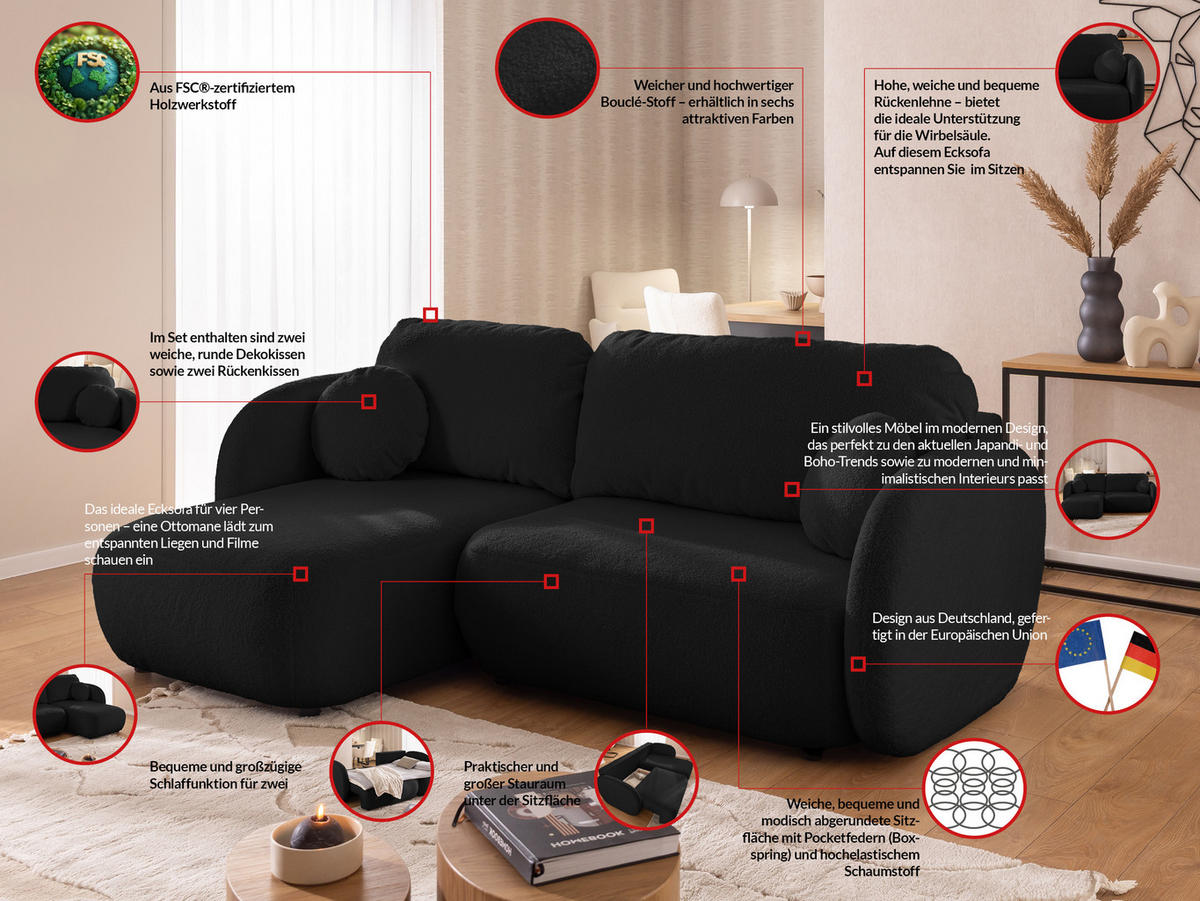 ECKSOFA Candy mit Schlaffunktion Schwarz Bouclé-Stoff - Ottomane links - Schwarz, Holz/Kunststoff (230/146cm) - S-Style Möbel