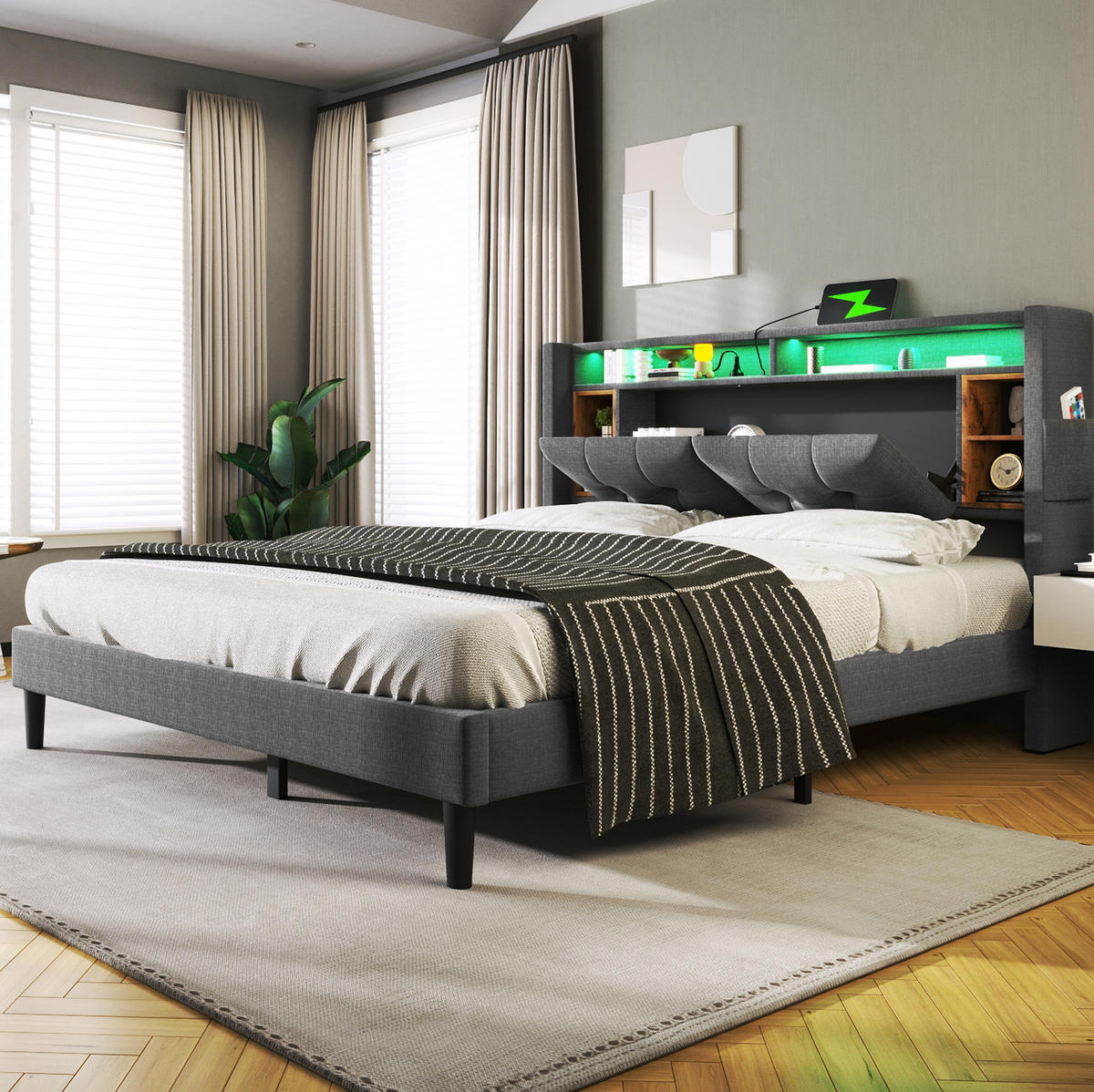 POLSTERBETT 160/200 cm aus Massivholz mit Stauraum-Kopfteil USB und LED Grau - Grau, Holz (160/200cm) - Modenvie