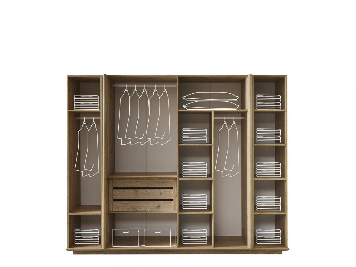 BETTANLAGE Anka Typ-1 Bett mit Kopfteil, 2 Nachttische, Kleiderschrank und Kommode - Eichefarben, Holzwerkstoff (160/200cm)