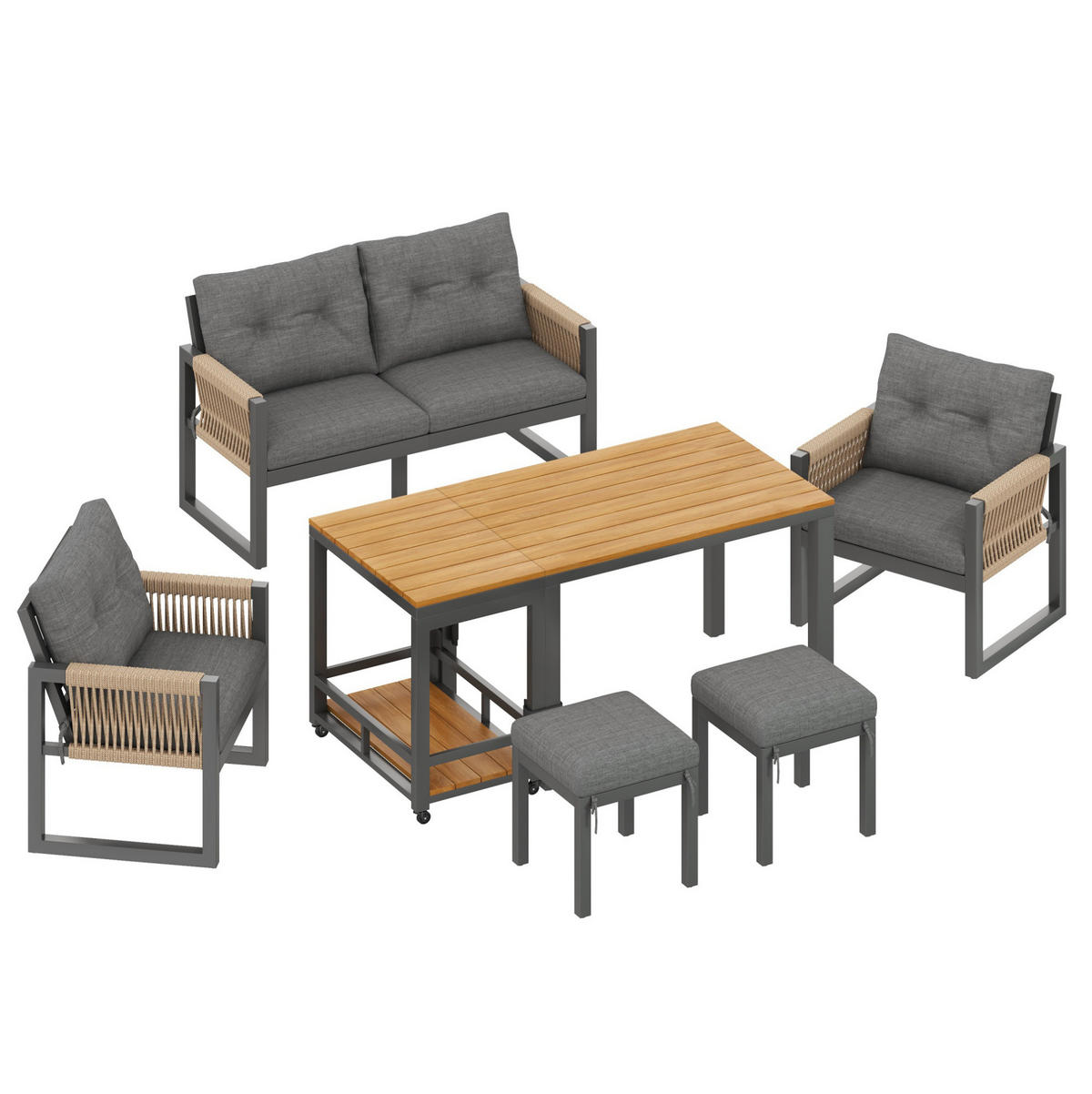 GARTENMÖBEL-SET 6-tlg. mit abnehmbarem Tisch Grau/Natur - Grau, Holz - Beauniv